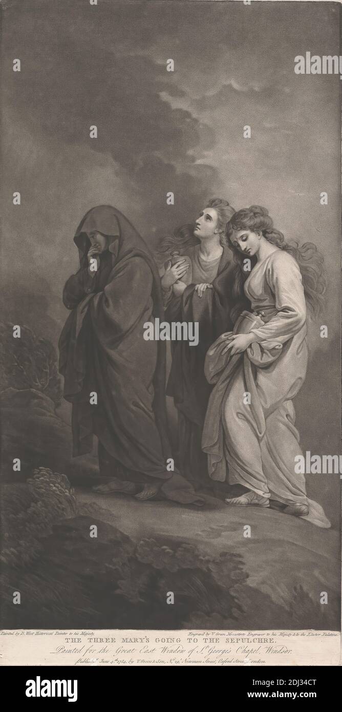 The Three Marys Going to the Sepulchre, Print made by Valentine Green, 1739–1813, British, after Benjamin West, 1738–1820, American, active in Britain (from 1763), Published by V. Green & Son, 1739–1813, British, 1784, Mezzotint on moderately thick, moderately textured, cream laid paper, Sheet: 18 7/16 x 9 5/8 inches (46.9 x 24.4 cm), Plate: 18 1/4 x 9 7/16 inches (46.4 x 24 cm), and Image: 17 5/16 x 9 7/16 inches (44 x 24 cm), cloaks, clouds, jars, meteorology, mourning, ointments, religious and mythological subject, sadness, science, sepulcher, storm, the holy women (the three Marys) on Stock Photo