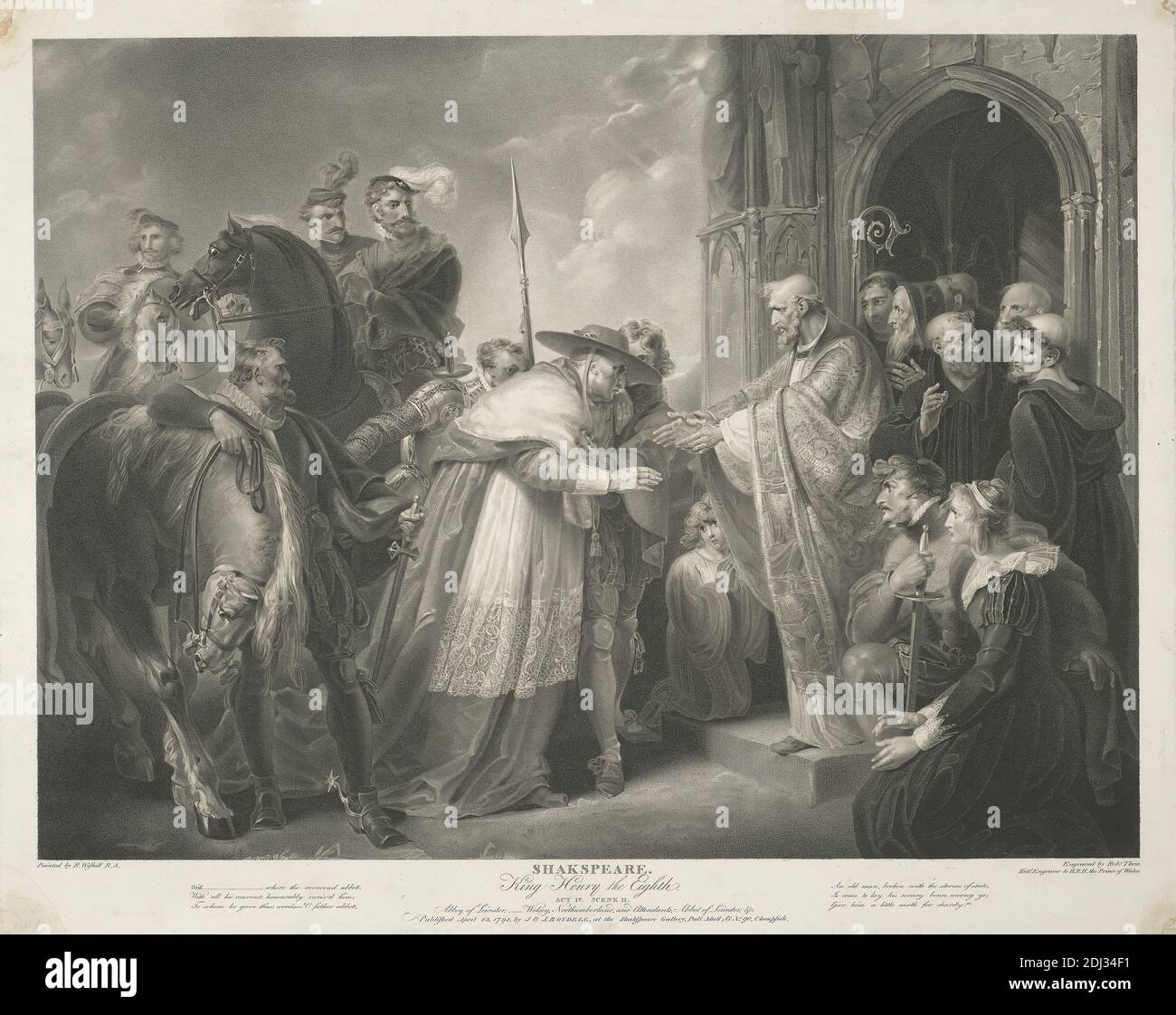 King Henry the Eighth: Act IV Scene II: Abbey of Leicester. Wolsey, Northumberland, and Attendants, Abbot of Leicester, etc., Robert Thew, 1758–1802, British, after Richard Westall, 1765–1836, British, 1798, Engraving, Sheet: 17 7/16 x 23 1/2in. (44.3 x 59.7cm Stock Photo