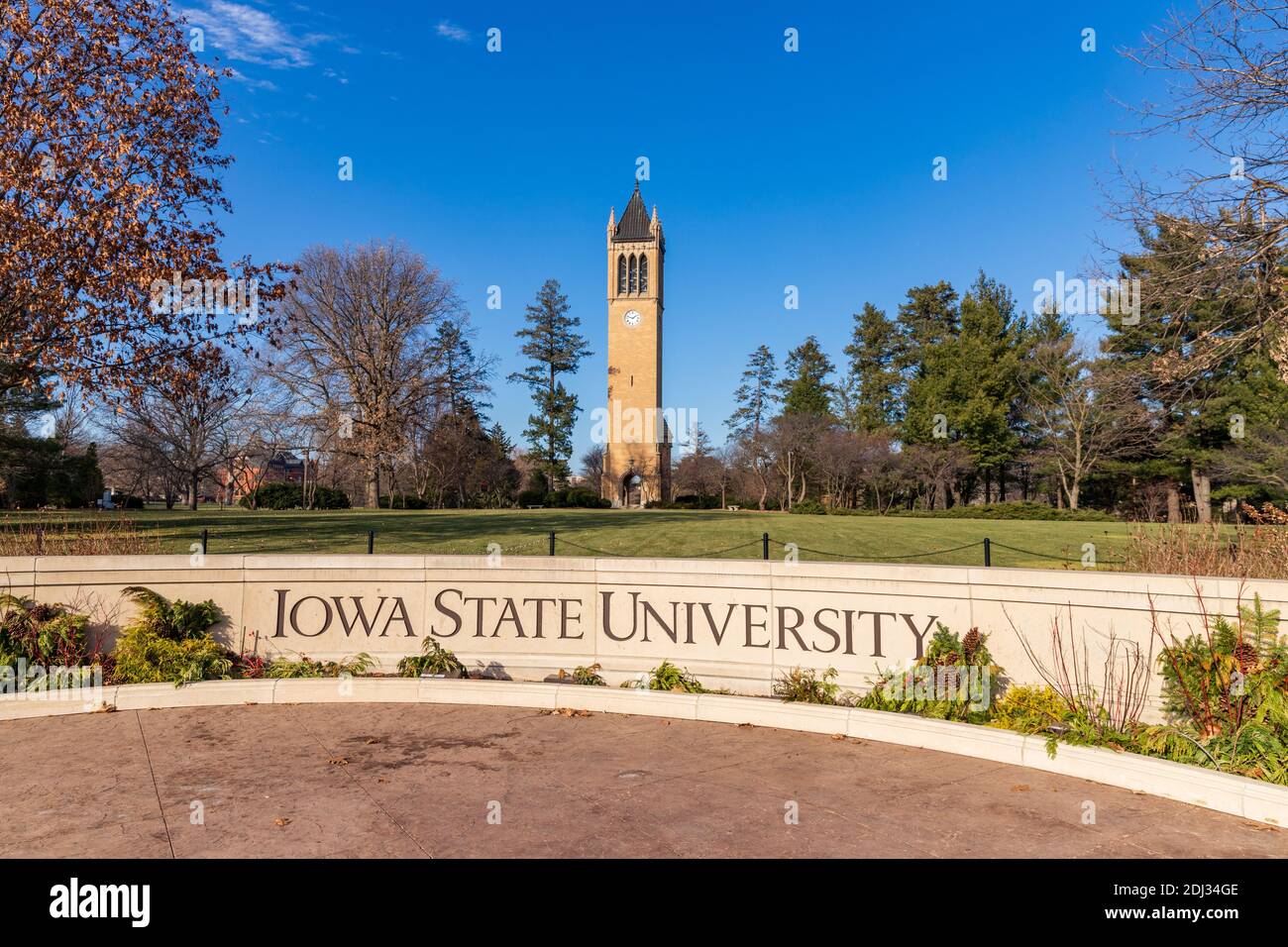 Ames, IA, USA - December 4, 2020: Iowa State University sign in front of the campanile Stock Photo