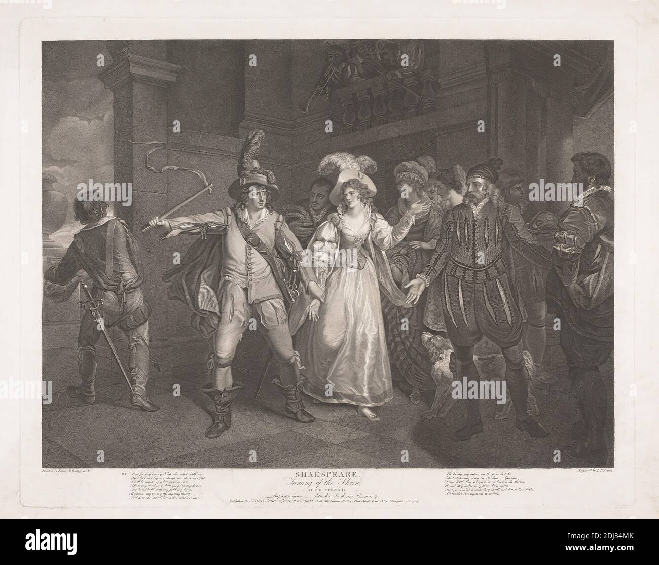 Taming of the Shrew, Act II Scene II, Peter Simon, 1750–1810, after Francis Wheatley, 1747–1801, British, 1795, Stipple engraving on moderately thick, moderately textured, cream, wove paper, Sheet: 22 7/16 × 28 inches (57 × 71.1 cm), Plate: 19 3/4 × 24 15/16 inches (50.2 × 63.3 cm), and Image: 17 5/16 × 23 1/8 inches (44 × 58.7 cm Stock Photo
