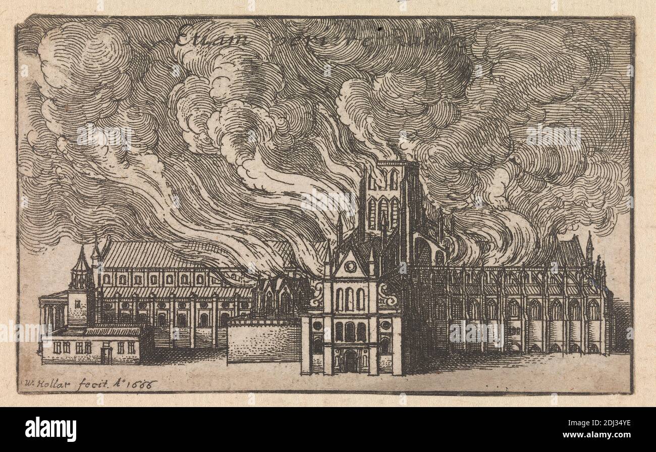 Burning of old St. Paul's Cathedral in the Fire of London, Wenceslaus Hollar, 1607–1677, Bohemian, after Wenceslaus Hollar, 1607–1677, Bohemian, 1666, Engraving, Image: 2 3/8 x 3 15/16in. (6 x 10cm Stock Photo