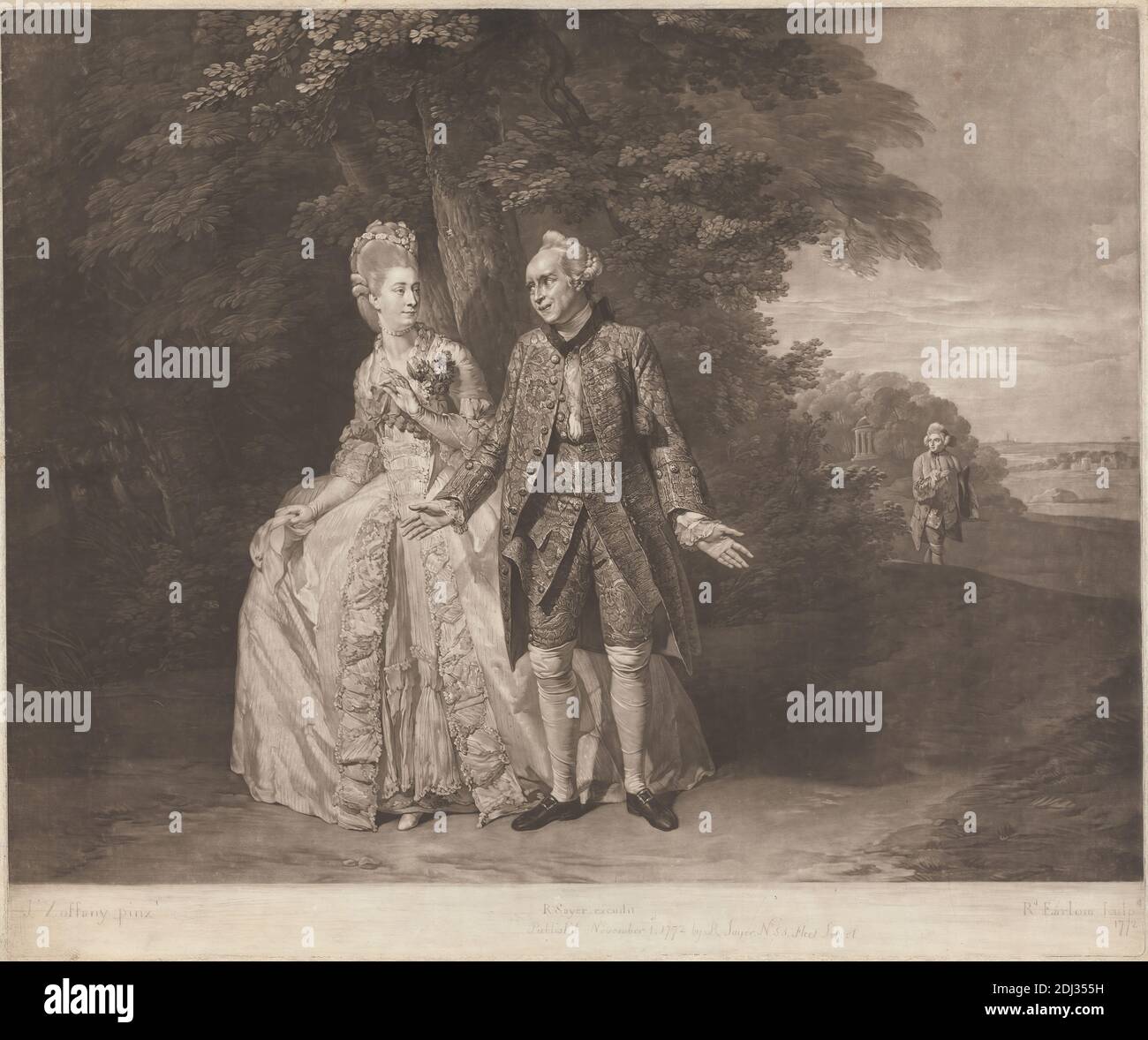 Thomas King and Sophia Baddely in 'The Clandestine Marriage', Richard Earlom, 1743–1822, British, after Johan Joseph Zoffany RA, 1733–1810, German, active in Britain (from 1760), Published by Robert Sayer, 1725–1794, British, 1772, Mezzotint on medium, slightly textured, cream laid paper, Sheet: 18 3/4 x 22 5/8 inches (47.6 x 57.5 cm), Plate: 18 1/4 x 21 7/8 inches (46.4 x 55.6 cm), and Image: 16 7/8 x 21 7/8 inches (42.9 x 55.6 cm), actors, actress, brocade, coat, corsage, dress, gesture, gown, hat, kerchief, landscape, literary theme, marriage, men, play, plays by George Colman the elder ( Stock Photo