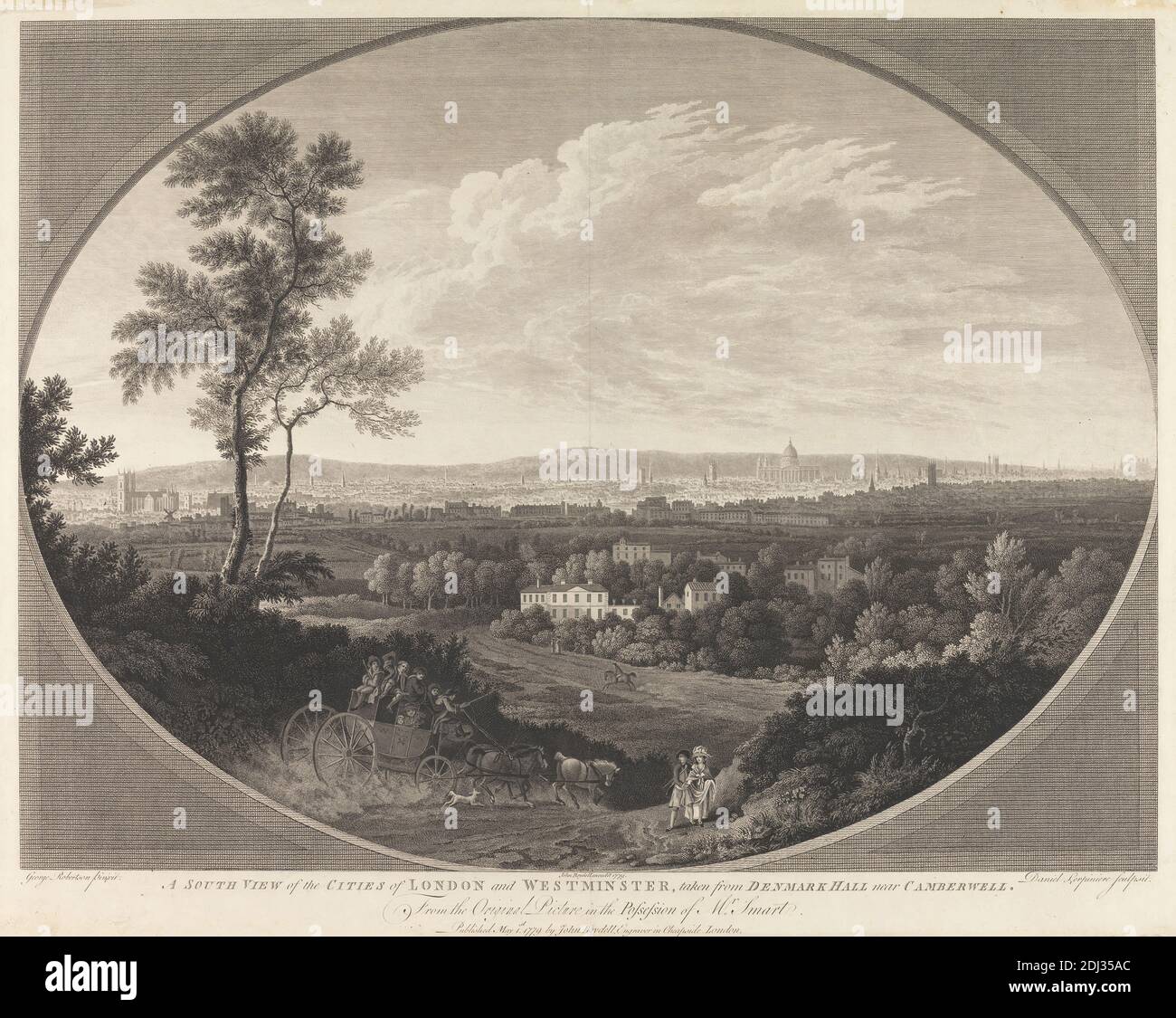 A South View of the Cities of London and Westminster, taken from Denmark Hill near Camberwell, Daniel Lerpiniere, c.1745–1785, British, after George Robertson, 1749–1788, British, 1779, Engraving Stock Photo
