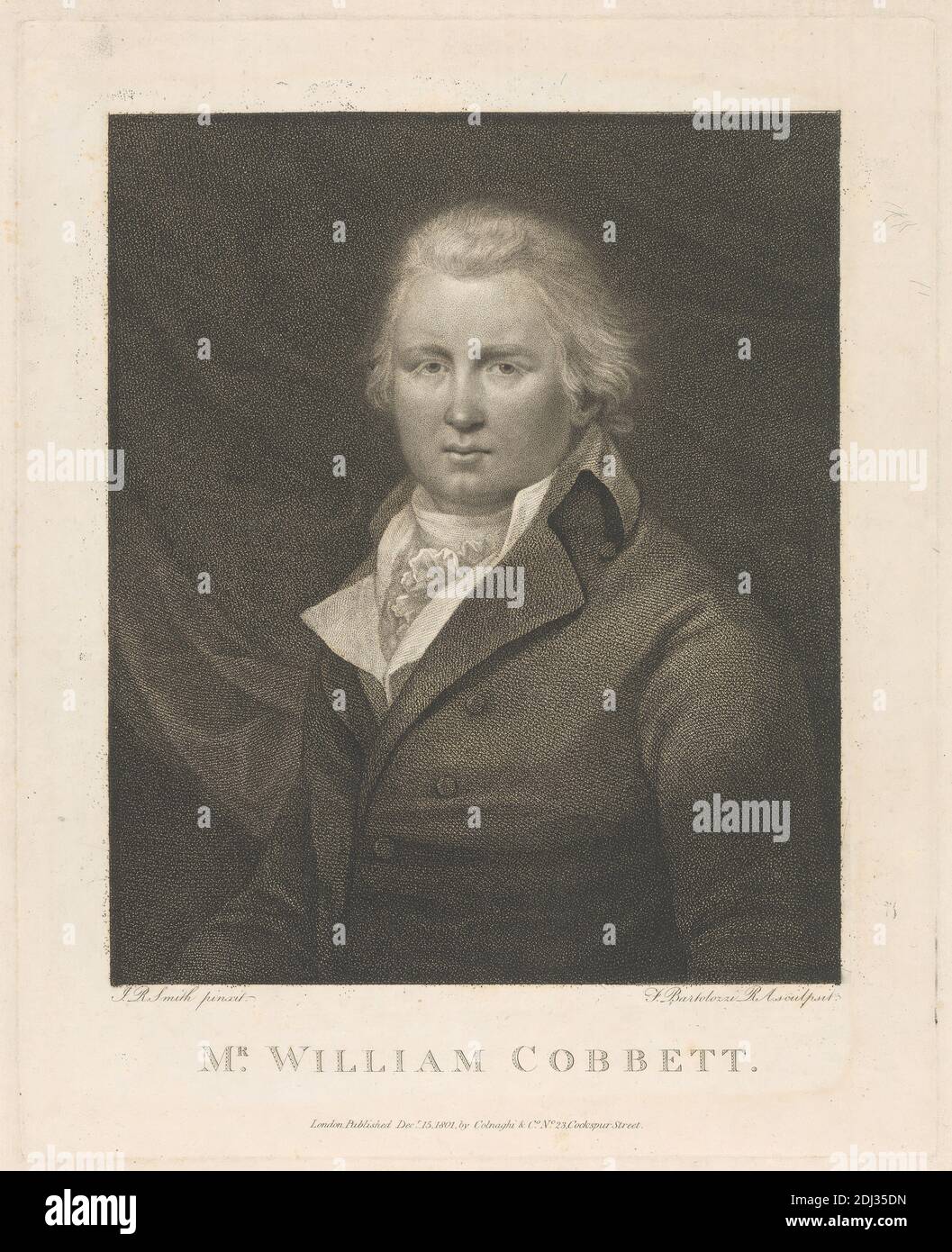 William Cobbett, Print made by Francesco Bartolozzi RA, 1728–1815, Italian, active in Britain (1764–99), after John Raphael Smith, 1752–1812, British, Published by Colnaghi & Co., established 1760, active ca. 1785–1911, Italian, active in Britain, 1801, Etching and stipple engraving on moderately thick, moderately textured, cream wove paper, Sheet: 16 15/16 x 12 9/16 inches (43.1 x 31.9 cm), Plate: 12 7/8 x 10 5/16 inches (32.7 x 26.2 cm), and Image: 9 13/16 x 8 1/4 inches (25 x 21 cm), coat, collar, costume, cravat, drapery, man, portrait, ruffle, writer Stock Photo