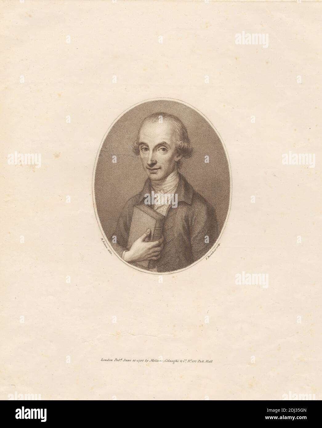Natalis Thomas Maggi, Print made by Francesco Bartolozzi RA, 1728–1815, Italian, active in Britain (1764–99), after Biagio Rebecca, Italian, 1735–1808, Italian, Published by Molteno, Colnaghi & Co., established 1760, active ca. 1785–1911, Italian, active in Britain, Published by Anthony Molteno, 1784–1845, British, 1788, Stipple engraving and etching on medium, moderately textured, cream laid paper, Sheet: 13 x 10 3/8 inches (33 x 26.4 cm), Plate: 10 7/8 x 8 7/8 inches (27.6 x 22.6 cm), and Image: 4 3/4 x 3 3/4 inches (12 x 9.5 cm), book, coat, costume, cravat, man, musician, oval, portrait Stock Photo