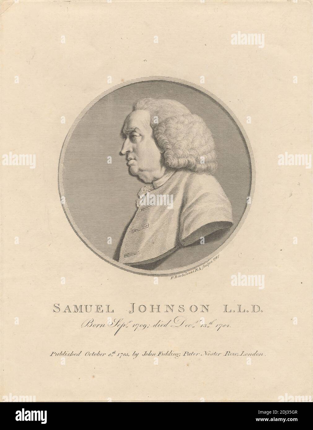 Samuel Johnson, Print made by Francesco Bartolozzi RA, 1728–1815, Italian, active in Britain (1764–99), after Sir Joshua Reynolds RA, 1723–1792, British, Published by John Fielding, acitve 1779–1809, British, 1785, Etching on moderately thick, moderately textured, cream laid paper, Sheet: 10 1/4 x 7 7/8 inches (26 x 20 cm), Plate: 9 15/16 x 7 11/16 inches (25.3 x 19.5 cm), and Image: 4 15/16 x 4 15/16 inches (12.6 x 12.5 cm), author, bust, circle (plane figure), costume, essayist, lexicographer, man, medallion (medal), poet, portrait, tondo Stock Photo