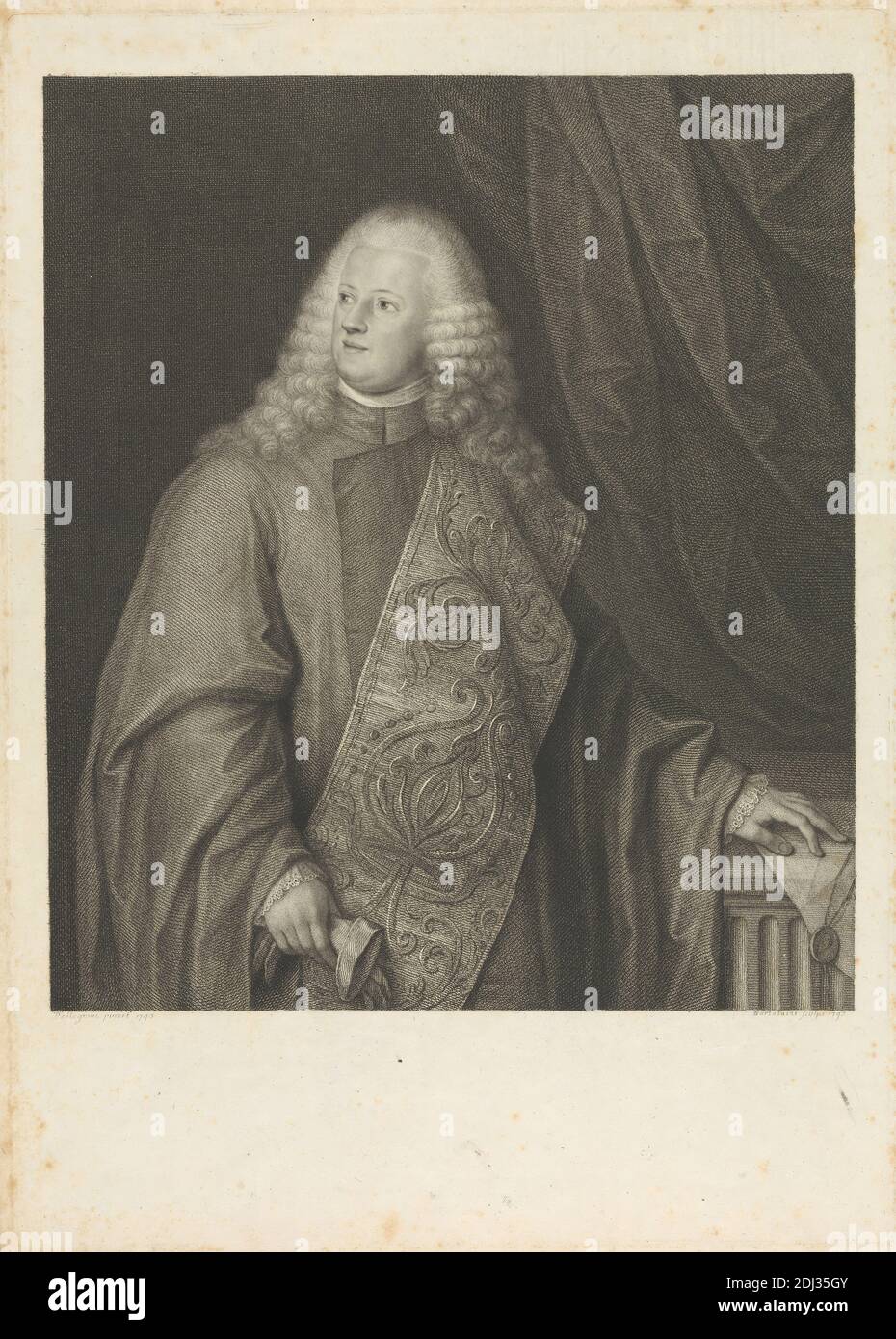 Alvise Pisani, Print made by Francesco Bartolozzi RA, 1728–1815, Italian, active in Britain (1764–99), after Domenico Pellegrini, 1759–1840, Italian, 1793, Mezzotint and etching on moderately thick, moderately textured, cream laid paper, Sheet: 17 3/8 x 12 3/8 inches (44.1 x 31.5 cm), Plate: 16 3/4 x 11 15/16 inches (42.6 x 30.3 cm), and Image: 12 11/16 x 10 7/8 inches (32.3 x 27.7 cm), costume, curls, curtain, doge, drapery, glove, interior, man, nobility, pattern (design element), pendant, politician, portrait, sash, wig Stock Photo
