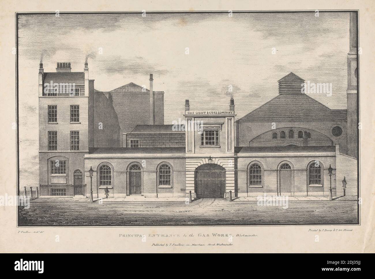 Principal Entrance to the Gas Works, Westminster, Print made by Thomas Faulkner, active 1825–1838, after Thomas Faulkner, active 1825–1838, Printed by J. Boosey & Co., 1823–1850, British, Published by Thomas Faulkner, active 1825–1838, ca. 1830, Lithograph on moderately thick, smooth, beige wove paper, Sheet: 13 7/8 x 19 inches (35.2 x 48.2 cm) and Image: 10 1/16 x 16 1/8 inches (25.5 x 41 cm), arches, architectural subject, building, chimneys, coal, company, doors, energy, factory, fences, gas, gates, illumination, industry, lamps, light, sidewalks, smoke, steam, street, towers, windows Stock Photo