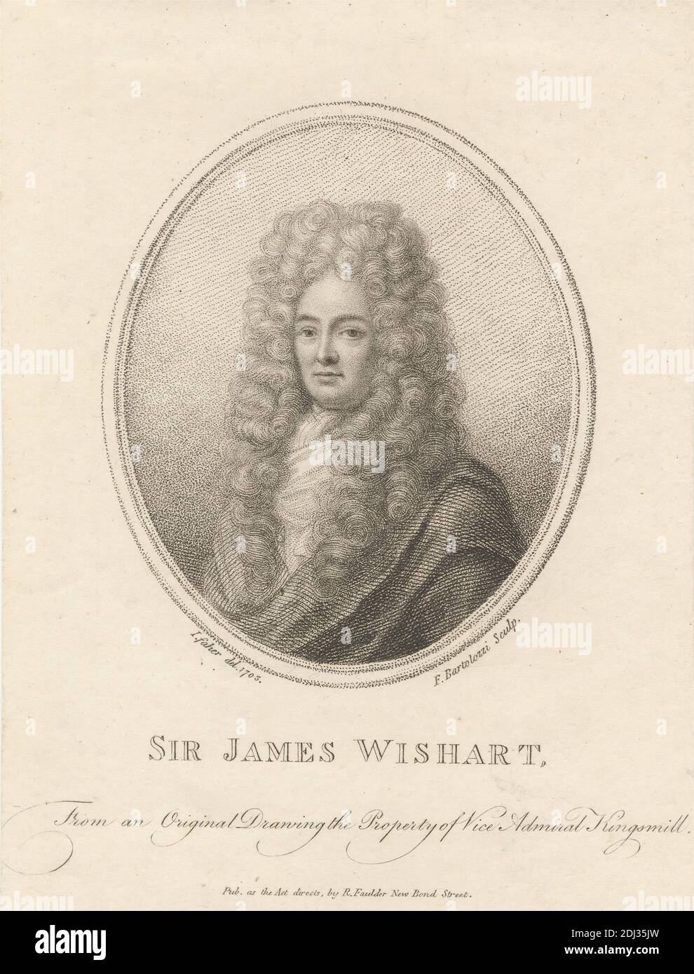 Sir James Wishart, Print made by Francesco Bartolozzi RA, 1728–1815, Italian, active in Britain (1764–99), after John Faber the Younger, ca. 1695–1756, Netherlandish, active in Britain, Published by Faulder & Son, active 1799–1810, British, between 1794 and 1798, Stipple engraving and etching on medium, smooth, cream wove paper, Sheet: 5 1/2 x 3 3/4 inches (13.9 x 9.5 cm) and Image: 3 1/8 x 2 5/8 inches (7.9 x 6.6 cm), admiral, captain, knights, man, navy, oval, portrait, stock, wig, Wove Stock Photo