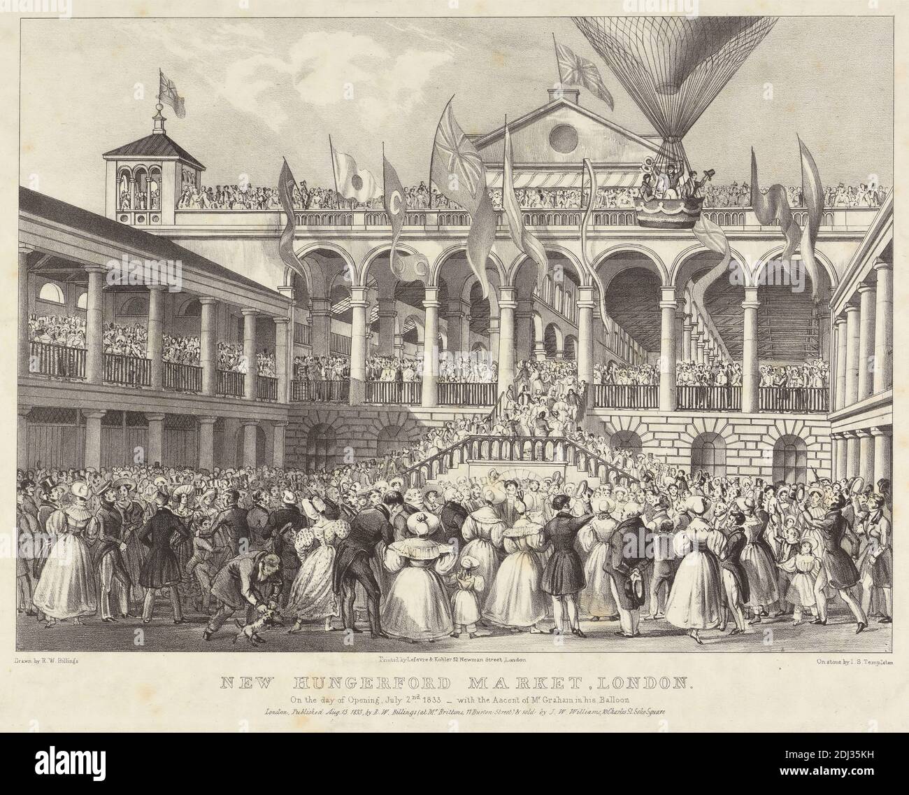 New Hungerford Market, London, On the day of the opening July 2nd 1823 - with ascent of Mr. Graham in his Balloon, John S. Templeton, active 1830–1857, British, after Robert William Billings, 1813–1874, British, 1833, Lithograph Stock Photo