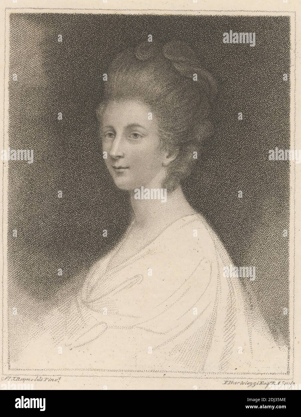 Mrs. Lenox, Print made by Francesco Bartolozzi RA, 1728–1815, Italian, active in Britain (1764–99), after Sir Joshua Reynolds RA, 1723–1792, British, Published by Edward Harding, 1755–1840, British, 1792, Etching and stipple engraving on medium, slightly textured, cream wove paper, Sheet: 7 1/2 x 5 7/16 inches (19 x 13.8 cm) and Image: 4 15/16 x 3 7/8 inches (12.5 x 9.9 cm), author, book, costume, curls, illustration, novel, novelist, portrait, woman, writer Stock Photo