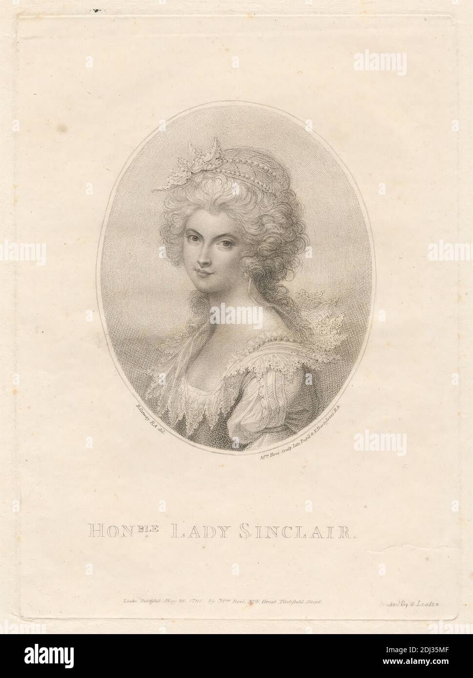 Lady Sinclair, Print made by Marino Bovi, Italian, 1758–ca.1805, Italian, after Richard Cosway, 1742–1821, British, Printed by W. Leaton, active 1791, Published by Marino Bovi, Italian, 1758–ca.1805, Italian, 1791, Stipple engraving on moderately thick, moderately textured, cream laid paper, Sheet: 12 7/16 x 9 1/16 inches (31.6 x 23 cm), Plate: 8 9/16 x 6 1/4 inches (21.7 x 15.9 cm), and Image: 5 1/16 x 4 inches (12.8 x 10.1 cm), beads, cap, curls, dress, headpiece, lace, nobility, oval, pearls, portrait, trim, woman Stock Photo