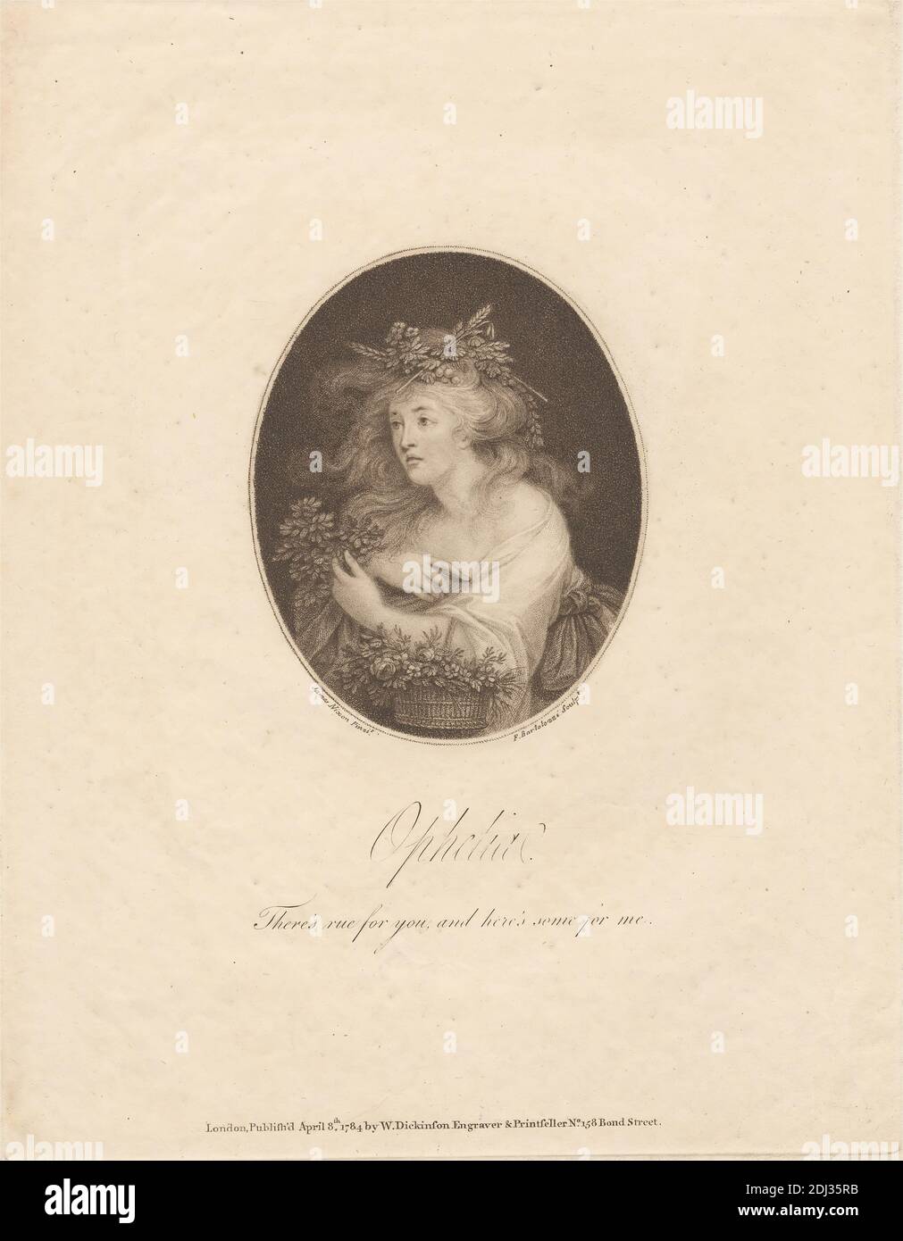 Ophelia: There's Rue for You, and Here's Some for Me, Print made by Francesco Bartolozzi RA, 1728–1815, Italian, active in Britain (1764–99), after James Nixon, c.1741–1812, British, Published by William Dickinson, 1746–1823, British, 1784, Stipple engraving and etching on medium, moderately textured, cream wove paper, Sheet: 11 x 8 9/16 inches (27.9 x 21.7 cm), Plate: 10 9/16 x 8 1/8 inches (26.8 x 20.7 cm), and Image: 4 1/2 x 3 5/8 inches (11.5 x 9.2 cm), basket, bow (costume accessory), costume, crying, flowers (plants), Hamlet, play by William Shakespeare, leaves, literary theme, love Stock Photo