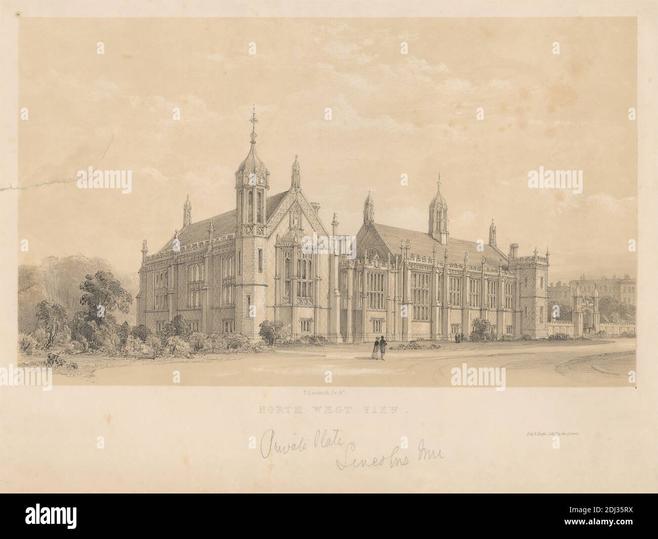 North West View, Lincoln's Inn, Print made by Day & Haghe, 1824–1913, British, after Philip Hardwick, 1792–1870, British, between 1845 and 1850, Lithograph on thick, slightly textured, beige wove paper, Sheet: 11 x 15 1/2 inches (28 x 39.3 cm) and Image: 6 3/4 x 11 1/4 inches (17.1 x 28.6 cm), arch, architectural subject, architecture, carriage, costume, figures, gate, gown, hall, horses (animals), law (discipline), lawyers, library (building), men, path, road, shrubs, square, tailcoat, top hat, trees, turrets (towers), walking, wall, woman, England, Greater London, Holborn, London, The Stock Photo