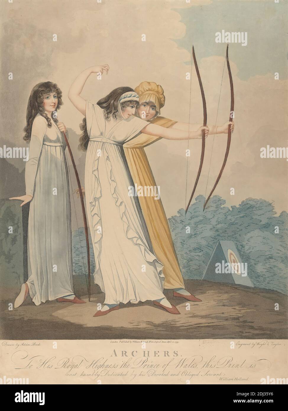 Archers, J. H. Wright, active 1795–1838, Conrad Ziegler, 1770–1810, after Adam Buck, 1759–1833, British, 1799, Aquatint, Sheet: 19 7/8 x 15 15/16in. (50.5 x 40.5cm), archers, archery, bonnet, bows, genre subject, girls, target Stock Photo