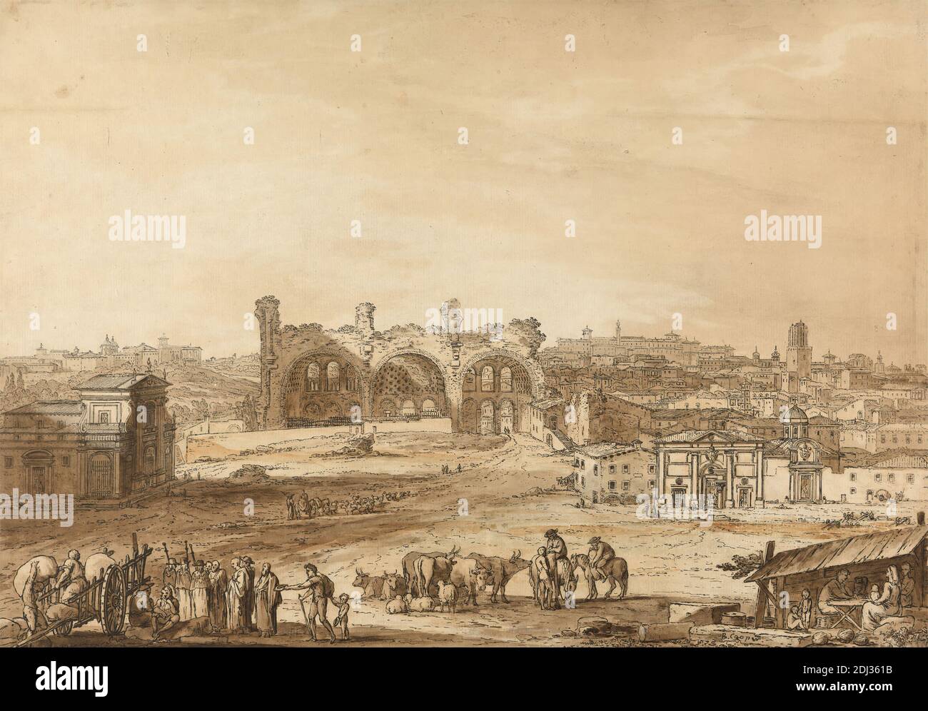 View Across the Campo Vaccino, Rome, Richard Cooper the Younger, 1740–1814, British, c. 1790, Conterproof of an etching, with brown washes, on laid paper, Image: 13 13/16 x 18 13/16in. (35.1 x 47.8cm) and Sheet: 15 x 20in. (38.1 x 50.8cm), Rome Stock Photo