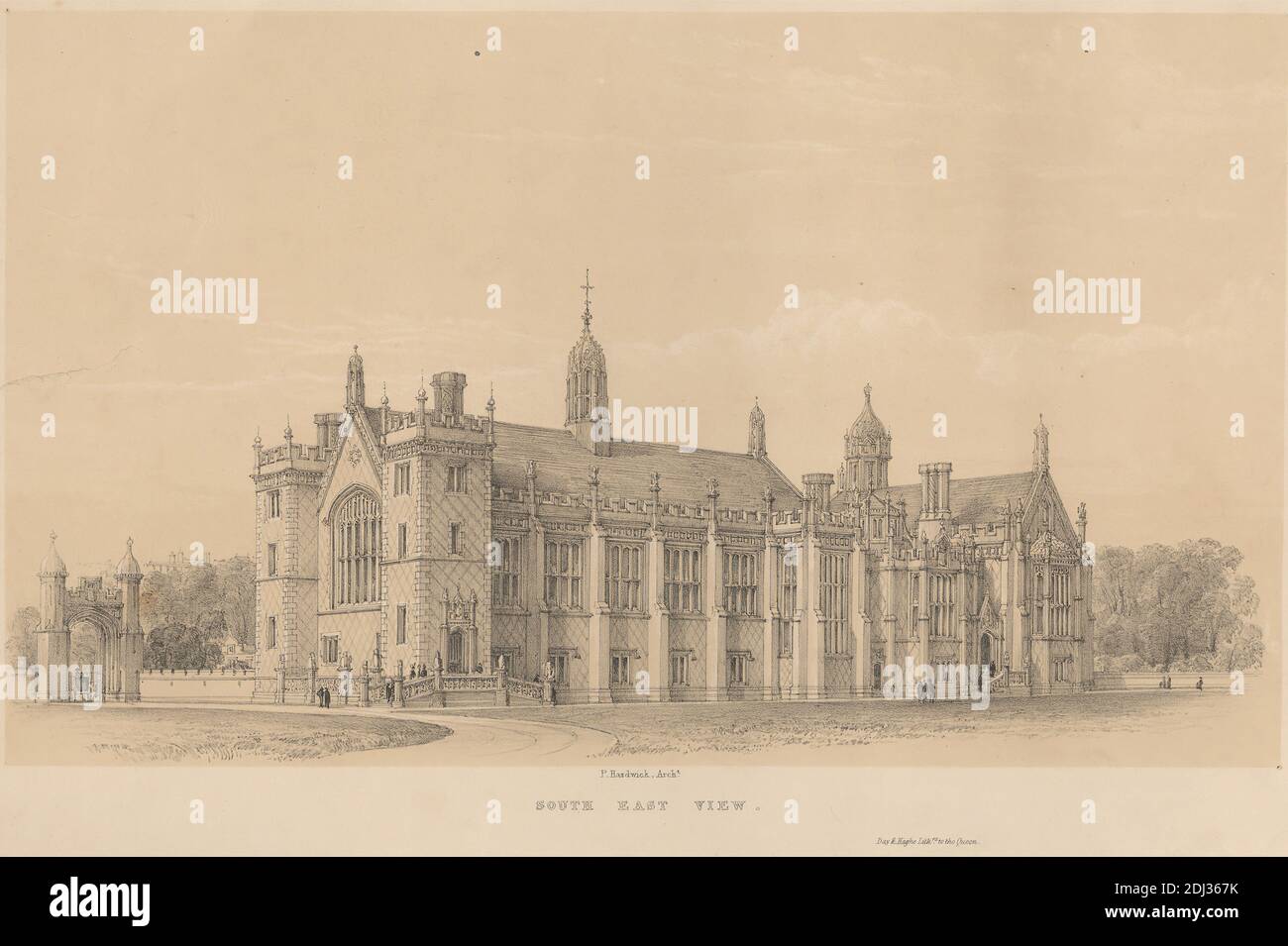 South East View, Lincoln's Inn, Print made by Day & Haghe, 1824–1913, British, after Philip Hardwick, 1792–1870, British, between 1845 and 1850, Lithograph on thick, slightly textured, beige wove paper, Sheet: 11 1/4 x 15 3/4 inches (28.5 x 40 cm) and Image: 6 15/16 x 11 11/16 inches (17.6 x 29.7 cm), arch, architectural subject, architecture, carriage, coats, costume, crosses (objects), figures, gate, hall, law (discipline), lawyers, library (building), men, path, road, square, trees, turrets (towers), walking, England, Greater London, Holborn, London, The Honourable Society of Lincoln's Inn Stock Photo