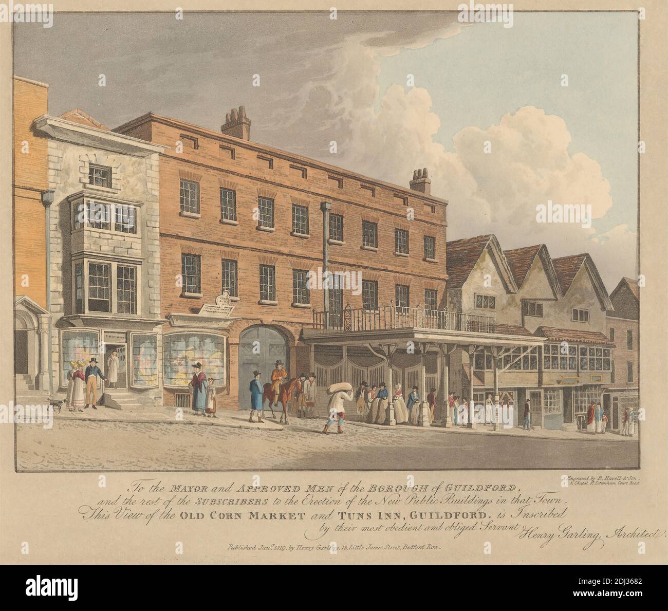 View of the Old Corn Market and Tuns Inn, Guildford, Print made by Robert Havell & Son, 1769–1832, British, after Henry Garling, 1789–1870, British, Published by Henry Garling, 1789–1870, British, 1819, Aquatint with etching, hand-colored on thick, moderately textured, beige wove paper, Sheet: 11 11/16 x 15 1/8 inches (29.7 x 38.4 cm), Plate: 9 1/8 x 11 1/16 inches (23.1 x 28.1 cm), and Image: 6 5/16 x 8 5/8 inches (16.1 x 21.9 cm), architect, architectural subject, architecture, bonnets, buildings, businesses, children, city, dog (animal), genre subject, horse (animal), markets, men, shopping Stock Photo