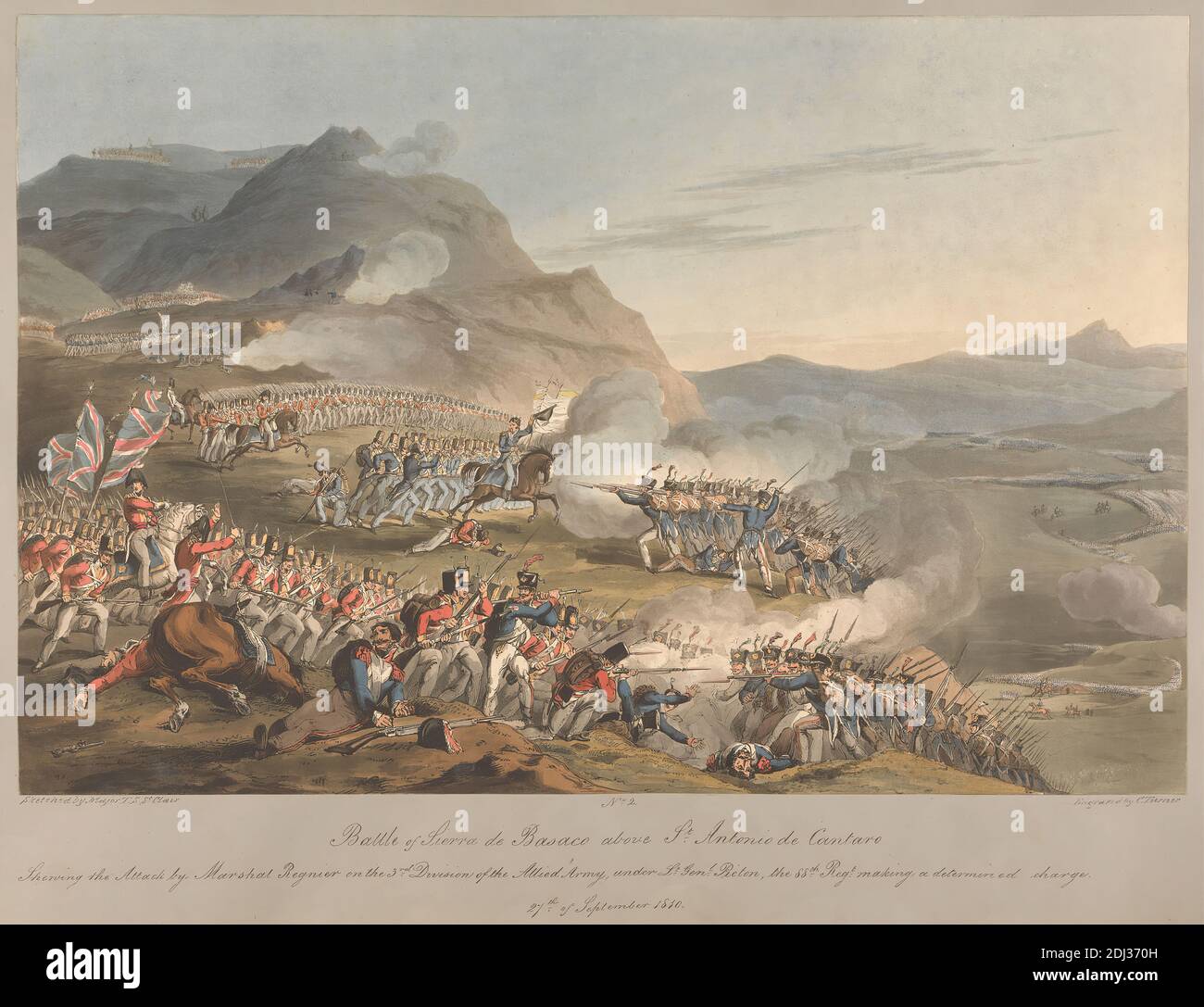 No.2 Battle of Sierra de Basaco above St. Antonio de Cantaro, Charles Turner, 1774–1857, British, after T. St. Clair, active 1810–1815, 1810, Aquatint, colored, army, battle, military art, Portugal Stock Photo