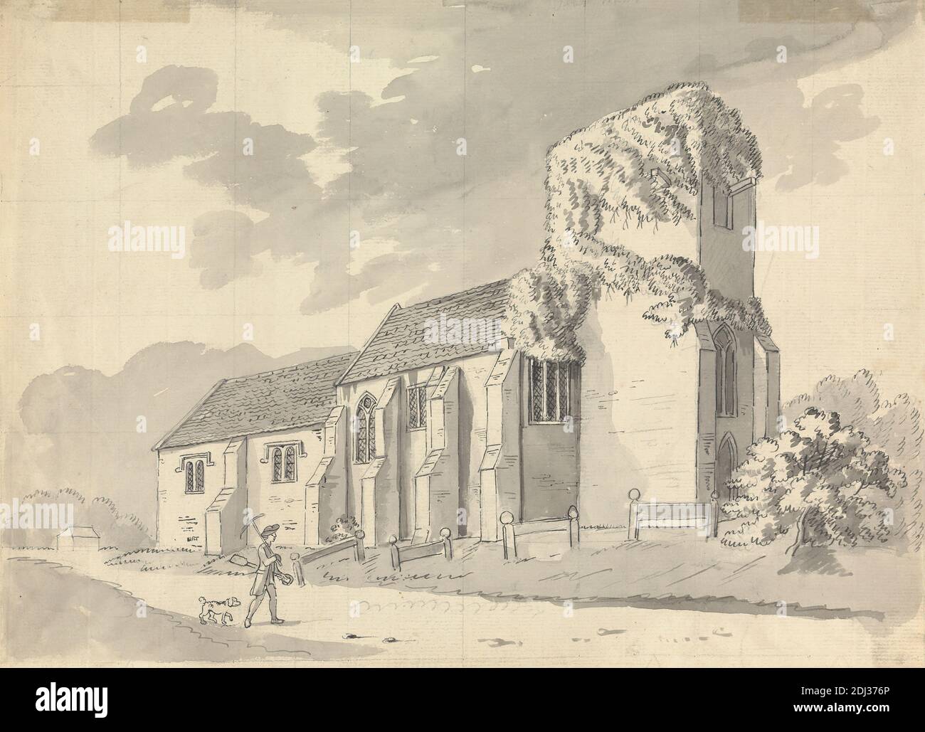 South Mimms Church, Hertfordshire, Capt. Francis Grose, 1731–1791, British, 1787, Pen and black ink, black wash, and graphite, squared for transfer on medium, slightly textured, cream laid paper, Sheet: 9 1/2 x 12 1/2in. (24.1 x 31.8cm) and Sheet: 9 1/2 × 12 3/4 inches (24.1 × 32.4 cm), architectural subject, church, dog (animal), ivy, man, road, England, Hertfordshire, South Mimms, United Kingdom Stock Photo