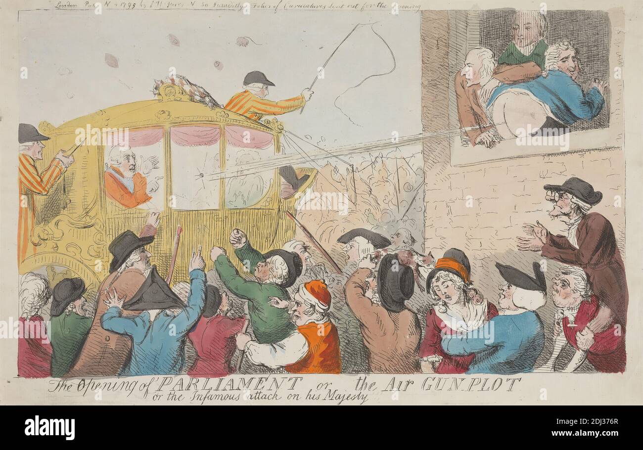 The Opening of Parliament or the Air Gun-Plot or the Infamous attack on His Majesty, Isaac Cruikshank, 1756–1810, British, 1795, Etching, hand-colored, Sheet: 9 x 14 3/4in. (22.9 x 37.5cm Stock Photo