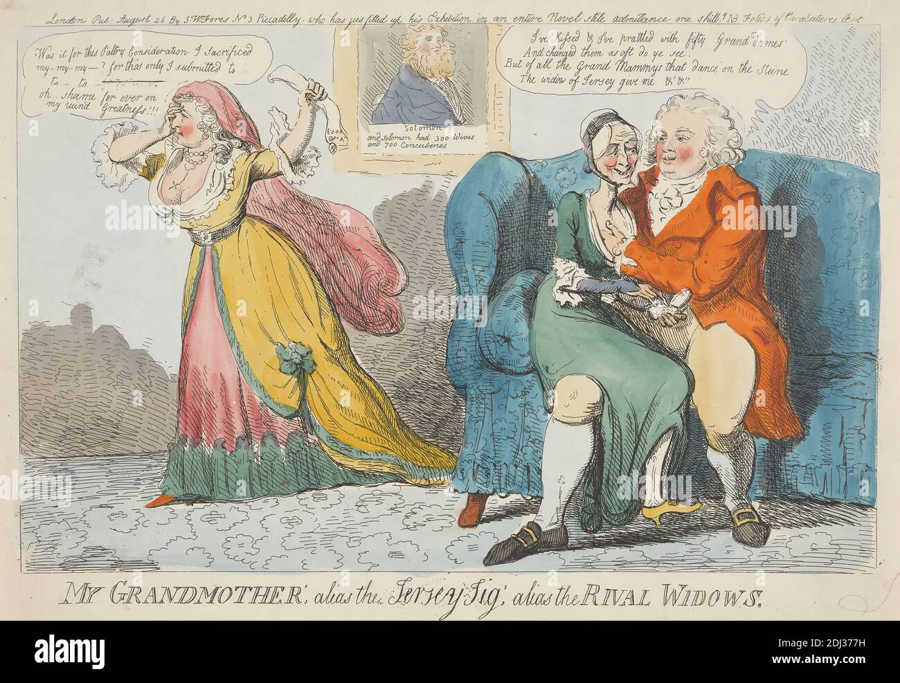 My Grandmother; Alias the Jersey Jig, Alias the Rival Widows, Isaac Cruikshank, 1756–1810, British, 1794, Etching, hand-colored, Sheet: 8 1/4 x 12 7/8in. (21 x 32.7cm Stock Photo