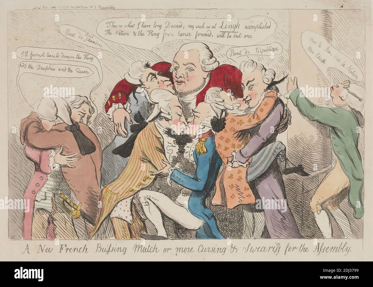A New French Bussing Match or More Cursing and Swearing for the Assembly, Isaac Cruikshank, 1756–1810, British, 1790, Etching, hand-colored, Sheet: 8 1/2 x 13in. (21.6 x 33cm Stock Photo