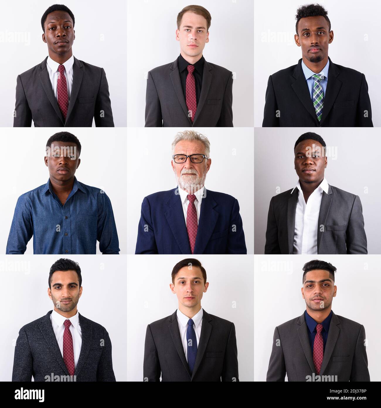 Collage of portraits of an ethnically diverse and mixed age group of focused businessmen Stock Photo
