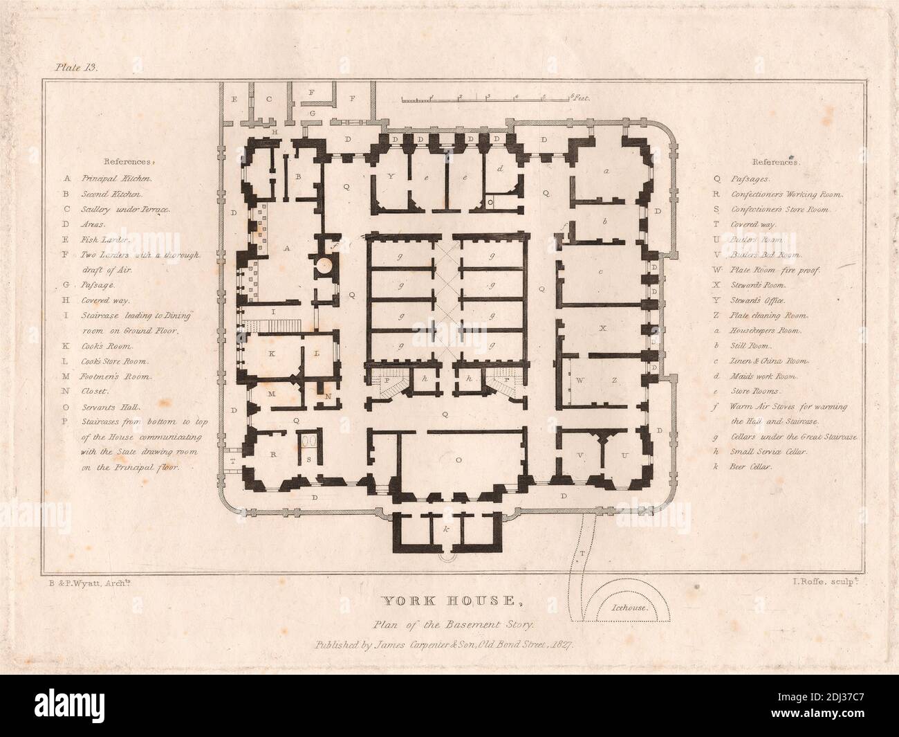 York House. Plan of the Basement Story, John Roffe, 1769–1850, British, after Benjamin Dean Wyatt, 1775–1850, British, And: Philip William Wyatt, 1777–1835, British, 1827, Engraving, Sheet: 10 x 8in. (25.4 x 20.3cm Stock Photo