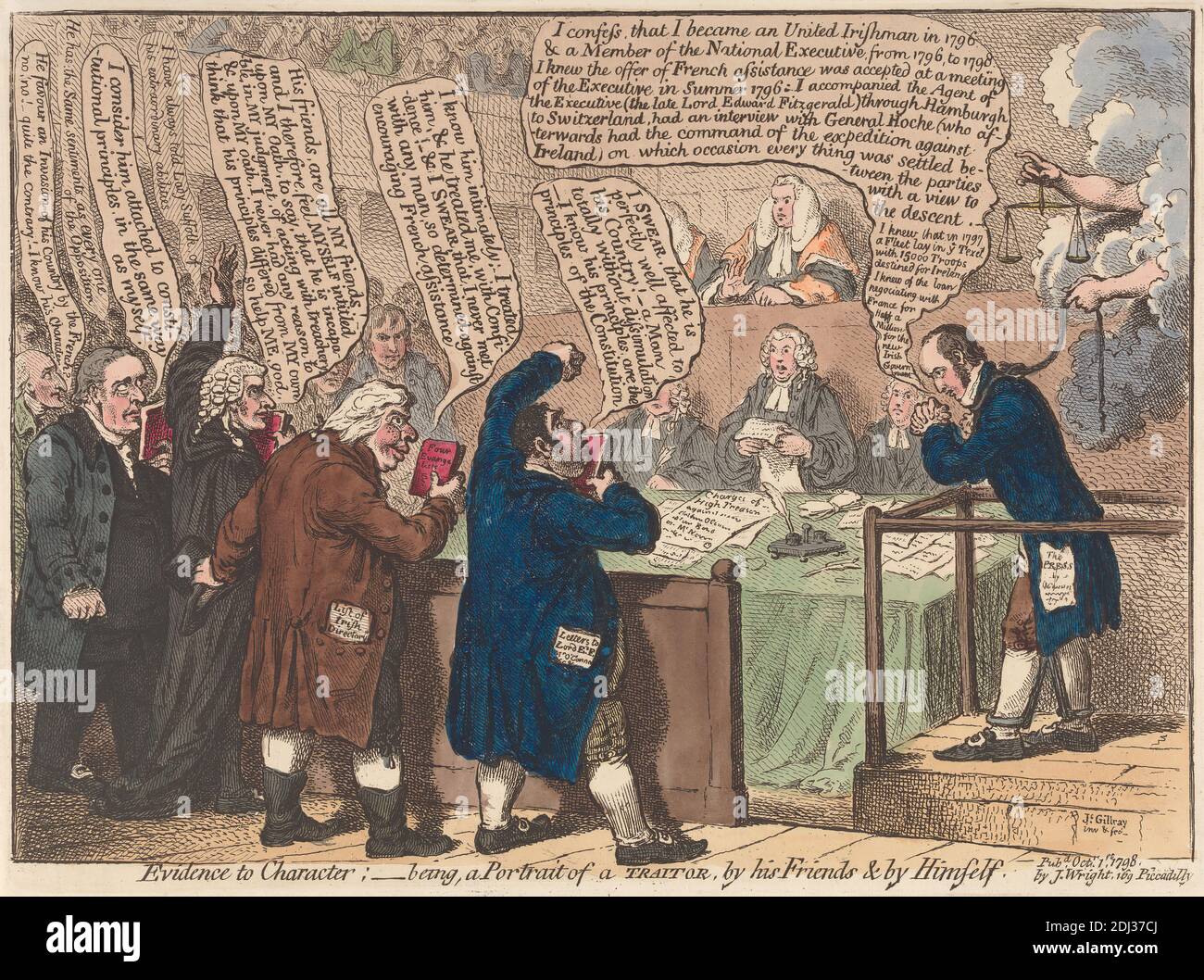 Evidence to Character; - Being, a Portrait of a Traitor by His Friends and by Himself, James Gillray, 1757–1815, British, 1798, Etching, hand-colored, Sheet: 7 1/4 x 10in. (18.4 x 25.4cm Stock Photo