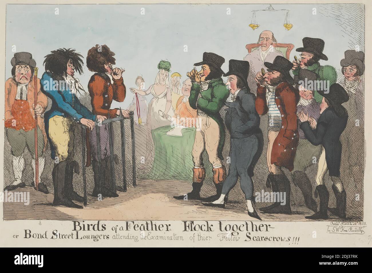 Birds of a Feather, Flock Together - or Bond Street Loungers Attending the Examination of Their Fellow Scarecrows!, Isaac Cruikshank, 1756–1810, British, 1800, Etching, hand-colored, Sheet: 8 7/8 x 14 7/8in. (22.5 x 37.8cm Stock Photo