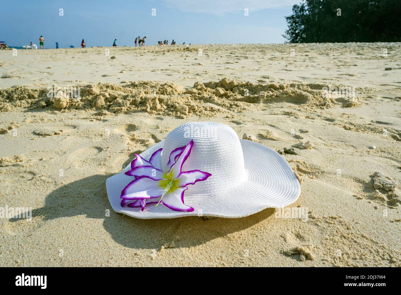 Women's sun hat with a flower lying on the beach sand by the sea. Stock Photo