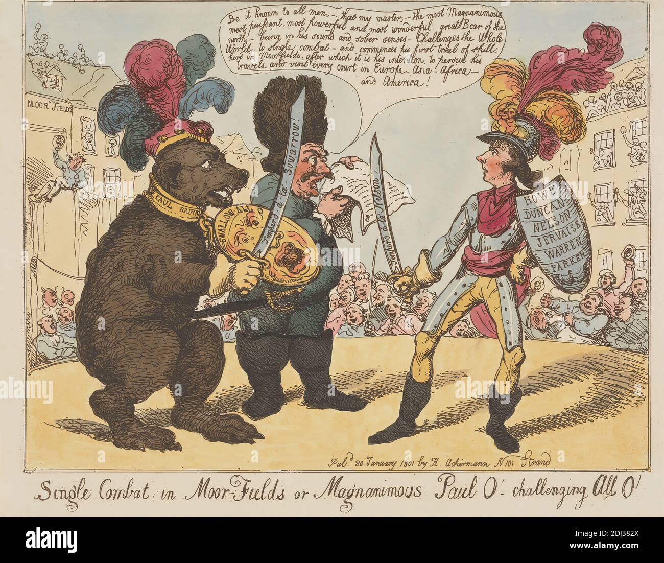 Single Combat, in Moorfields, or Magnanimous Paul O! - Challenging all O! (from: Caricature, vol. 4), Thomas Rowlandson, 1756–1827, British, 1801, Etching, hand-colored, Sheet: 9 5/8 x 12 3/4in. (24.4 x 32.4cm Stock Photo