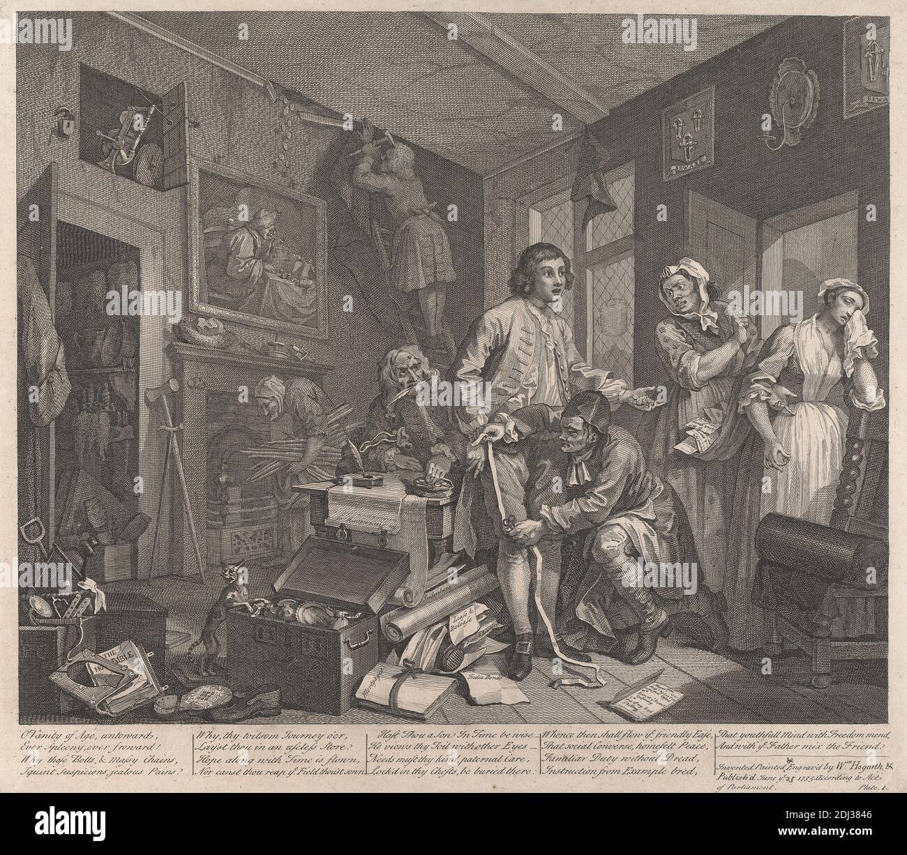 A Rake's Progress, Plate I: He Takes Possession, William Hogarth, 1697–1764, British, 1735, Line engraving, Sheet: 12 1/2 x 15 3/16in. (31.8 x 38.6cm Stock Photo