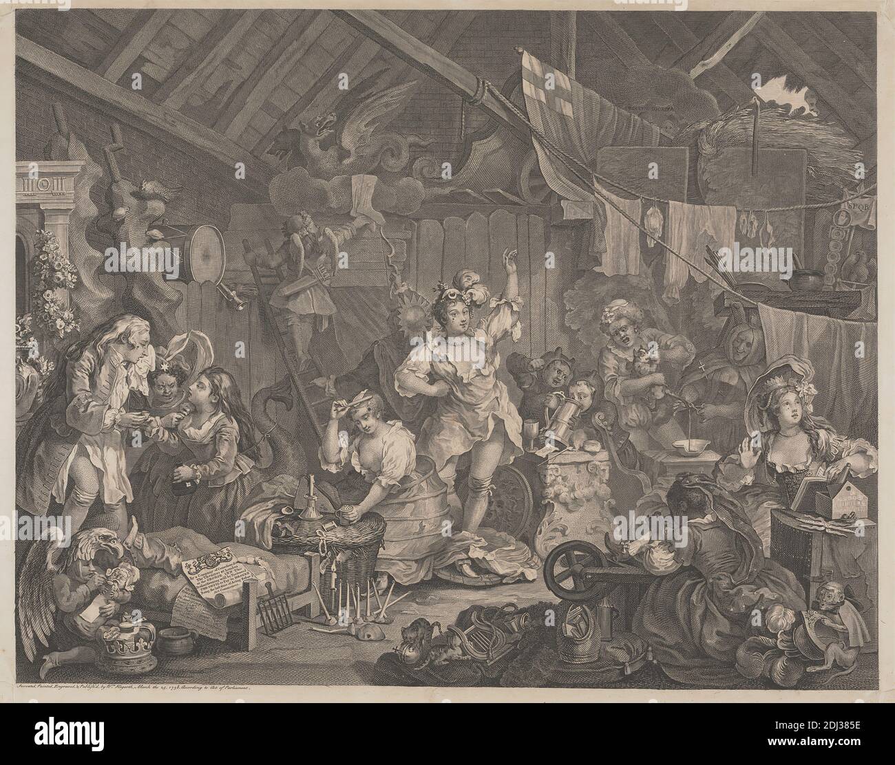 Strolling Actresses Dressing in a Barn, William Hogarth, 1697–1764, British, 1738, Engraving, Sheet: 16 1/2 x 21 3/16in. (41.9 x 53.8cm Stock Photo