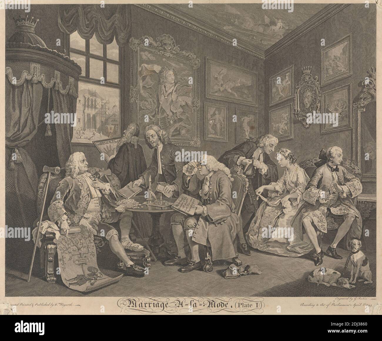 Marriage A-La-Mode, Plate I: The Contract, Gerard Jean Baptiste Scotin,  1671–1716, after William Hogarth, 1697–1764, British, 1745, Engraving,  Sheet: 15 3/16 x 18 7/16in. (38.6 x 46.8cm Stock Photo - Alamy