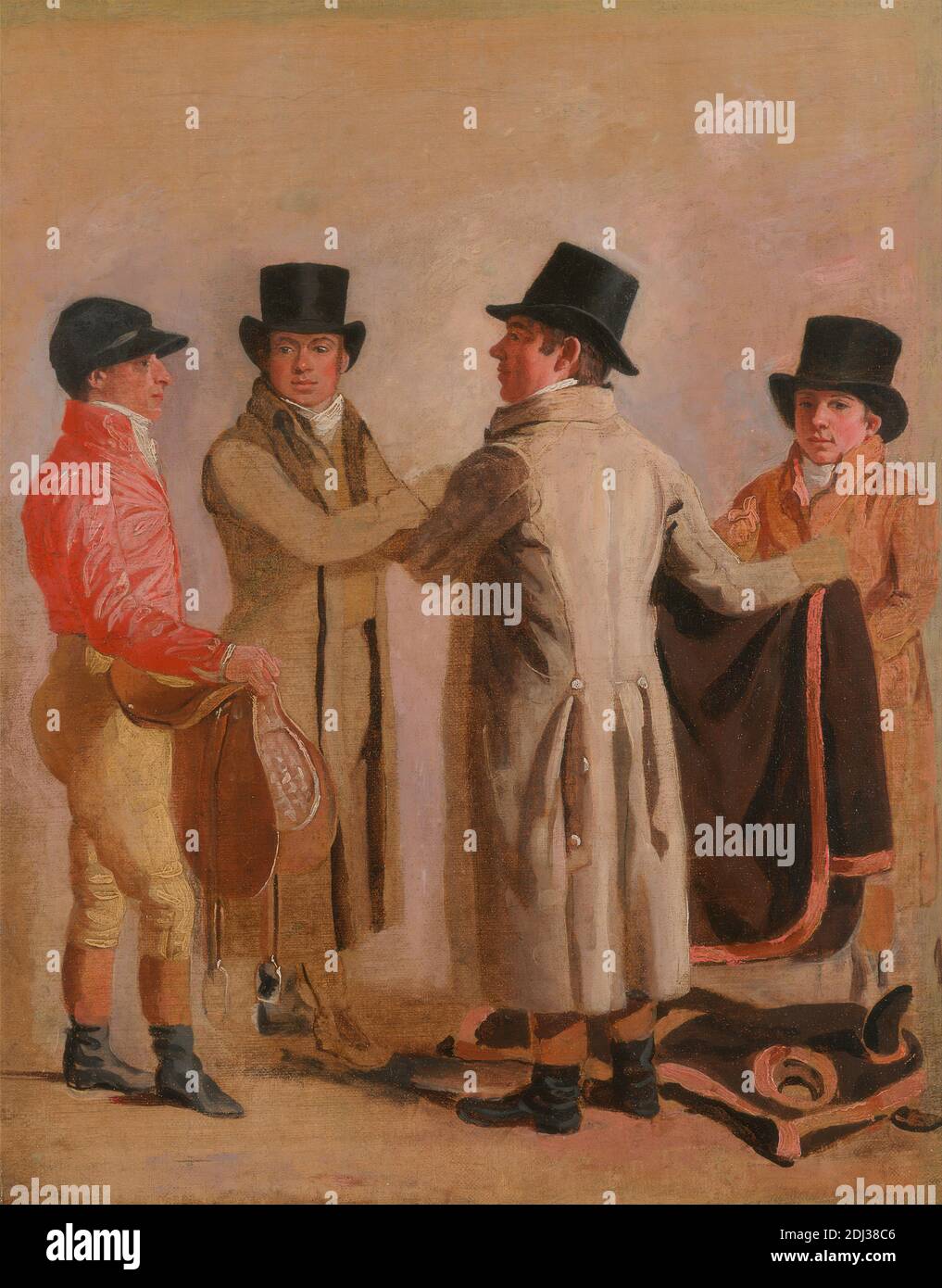 The Jockey Frank Buckle, the Owner-Breeder John Wastell, his Trainer Robert Robson, and a Stable-lad, Benjamin Marshall, 1768–1835, British, 1802, Oil on canvas, Support (PTG): 18 1/4 x 14 5/8 inches (46.4 x 37.1 cm), conversation piece, costume, groups, working, jockey, men, portrait Stock Photo