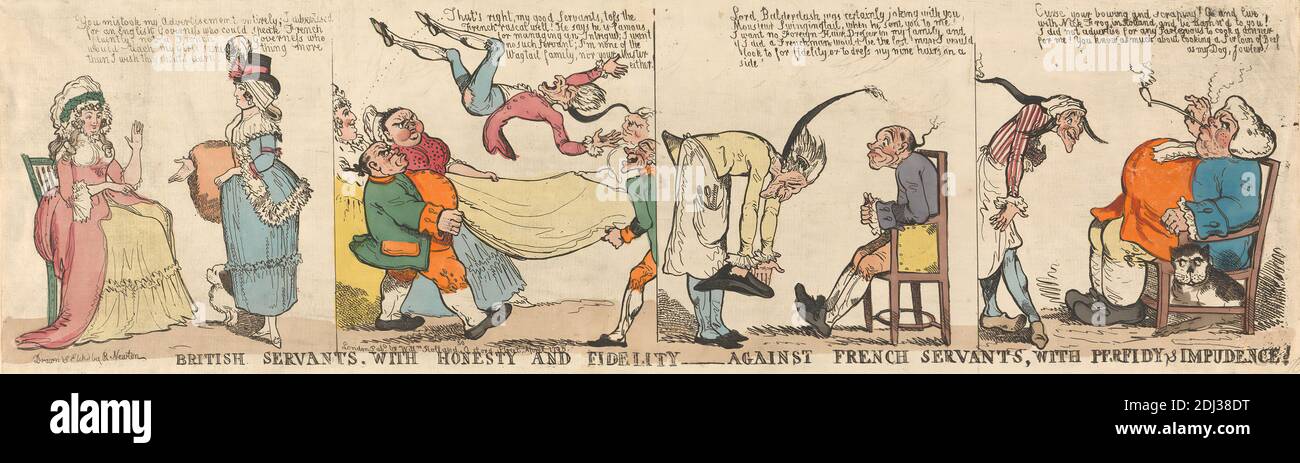 British Servants, with Honesty and Fidelity - Against French Servants, with Perfidy and Impudence! (Four vignettes), Richard Newton, 1777–1798, British, 1795, Etching, hand-colored, Sheet: 7 1/2 x 27in. (19.1 x 68.6cm Stock Photo