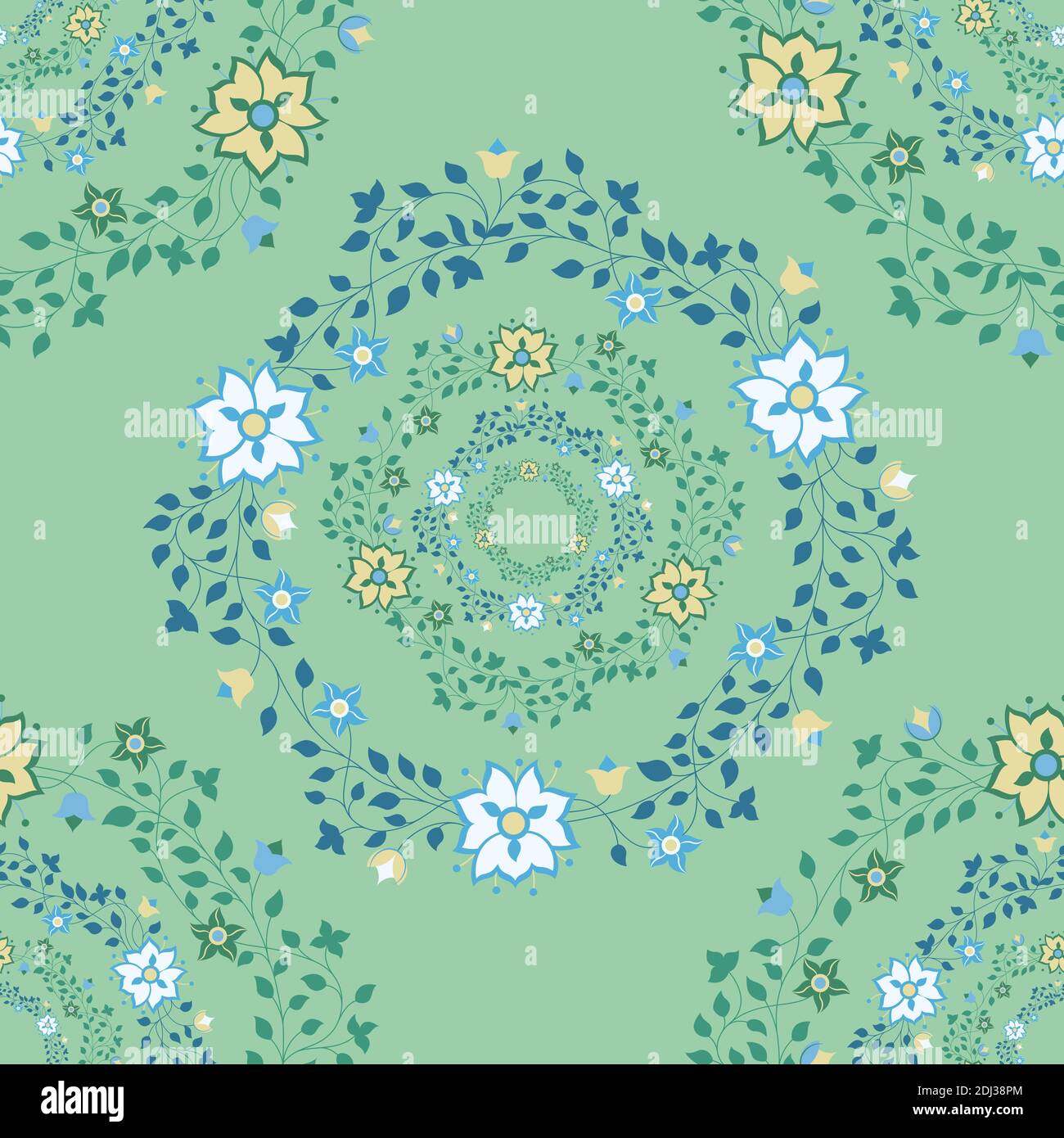 Seamless floral pattern colored flowers on green background. Stock Vector