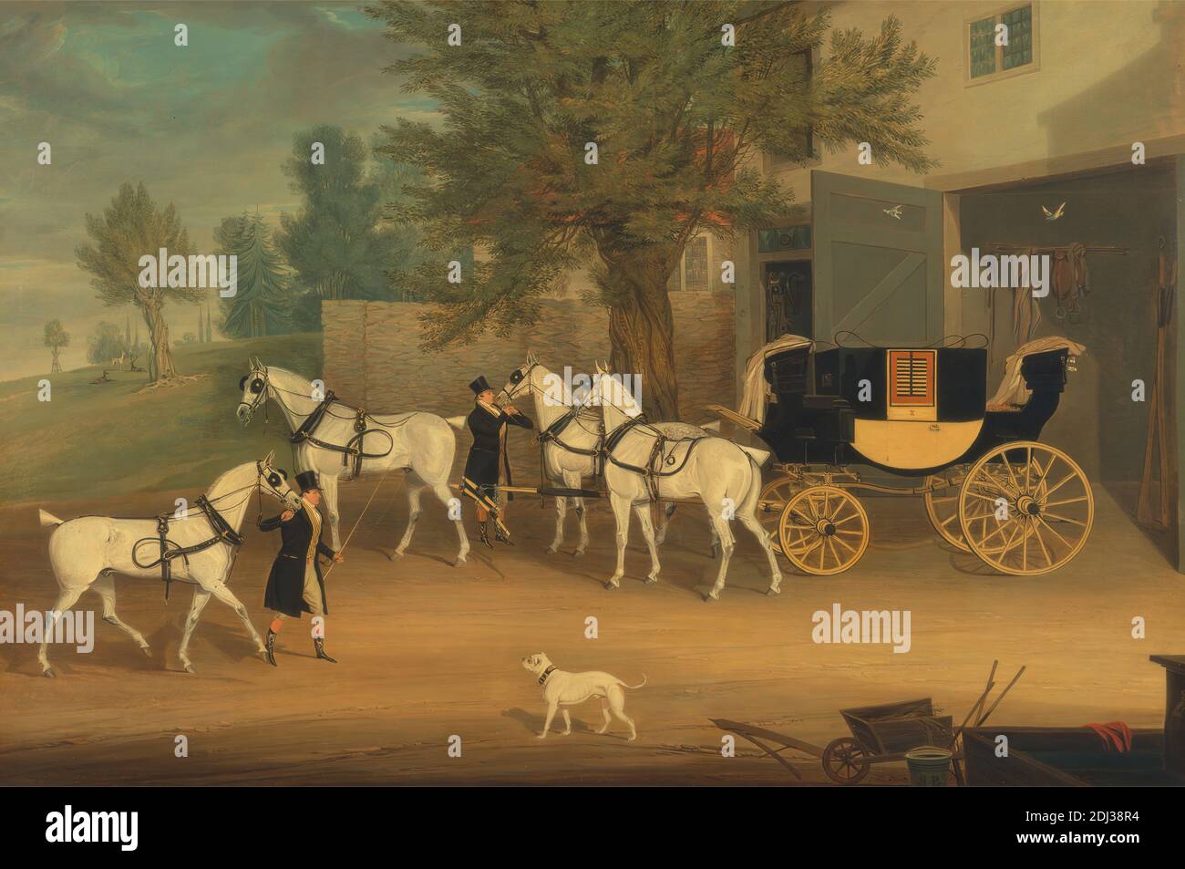 John Smith Barry’s Private Drag and Grey Team, James Pollard, 1792–1867, British, 1824, Oil on canvas, Support (PTG): 32 x 48 inches (81.3 x 121.9 cm), animal art, barn, carriage, dog (animal), genre subject, horses (animals), men, trees Stock Photo