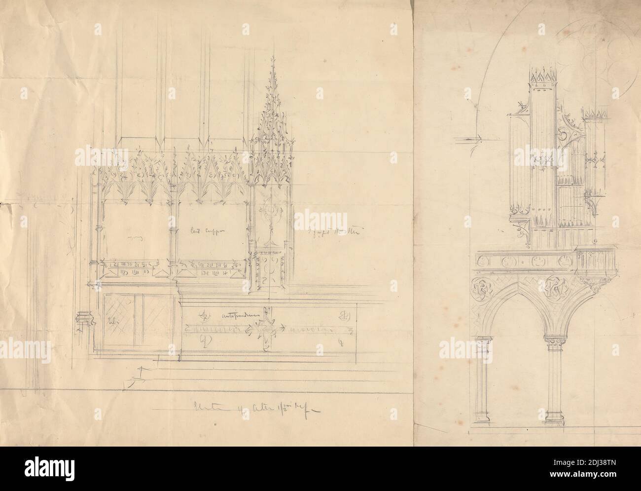 Designs for a Gothic Church Altar and Organ, Augustus Welby Northmore Pugin, 1812–1852, British, and Augustus Charles Pugin, 1762–1832, French, undated, Graphite on medium, slightly textured, cream wove paper, Sheet: 12 × 17 3/4 inches (30.5 × 45.1 cm), altar, architectural subject, architecture, church, design, Gothic (Medieval), organ Stock Photo
