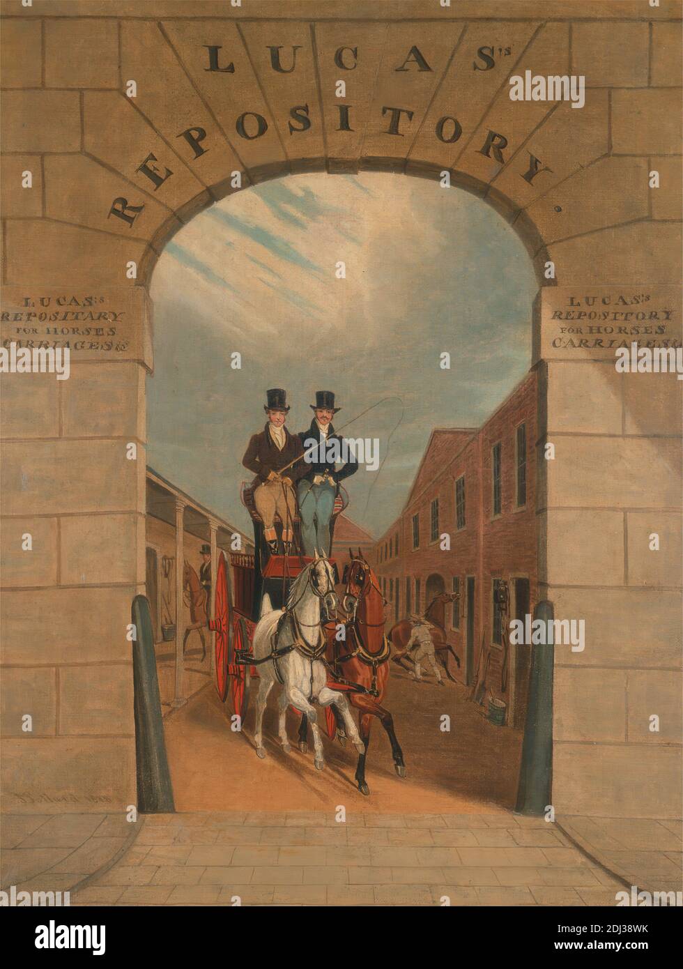 Schooling a Pair in a Brake at Lucas's Yard, Clerkenwell, James Pollard, 1792–1867, British, 1818, Oil on canvas, Support (PTG): 17 x 13 inches (43.2 x 33 cm), carriage, genre subject, horses (animals), men, stables, Clerkenwell, Europe, Greater London, Islington, London, United Kingdom Stock Photo