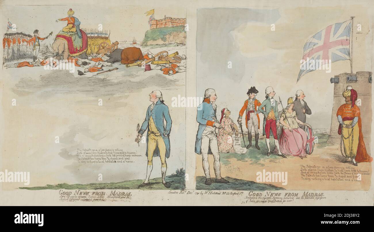 Good News from Madras, Published: William Holland, 1757–1815, British, 1791, Etching, hand-colored, Sheet: 13 1/4 x 12 1/8in. (33.7 x 30.8cm Stock Photo