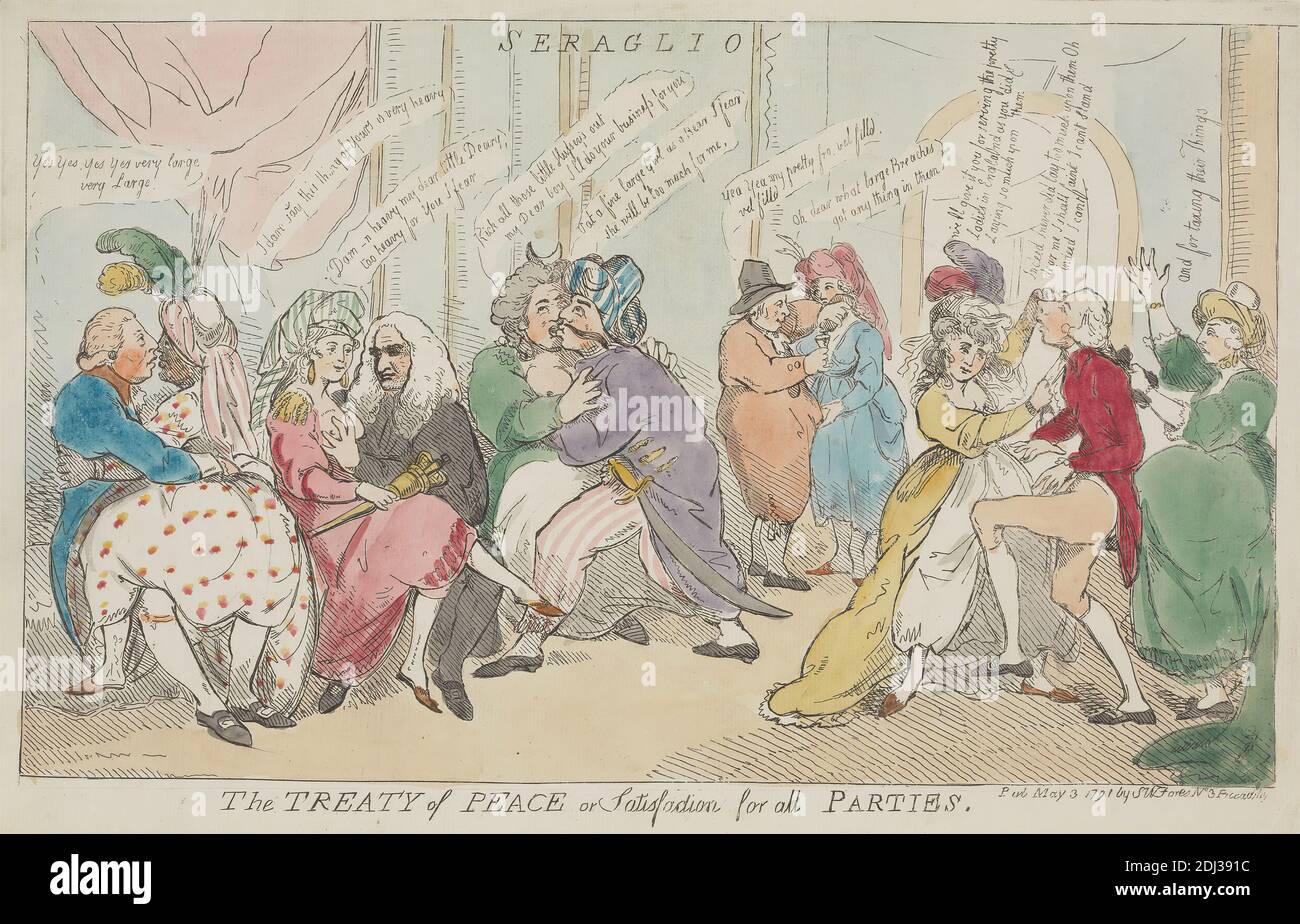 The Treaty of Peace, or Satisfaction for all Parties, (?) Isaac Cruikshank, 1756–1810, British, 1791, Etching, hand-colored, Sheet: 9 3/8 x 15 1/2in. (23.8 x 39.4cm Stock Photo