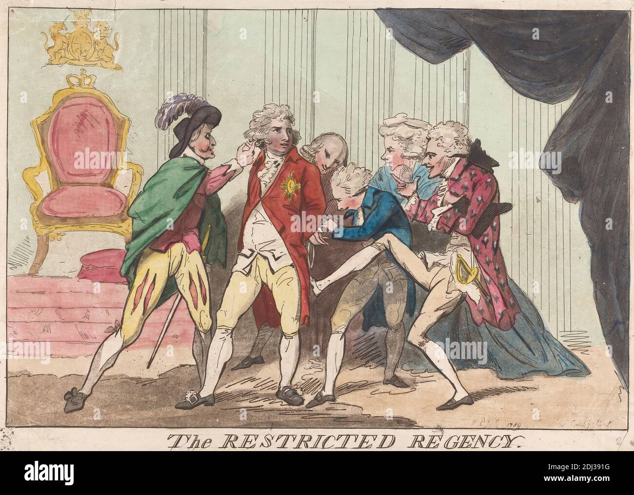 The Restricted Regency, (?) James Gillray, 1757–1815, British, 1789, Etching and aquatint, hand-colored, Sheet: 9 1/8 x 13 1/2in. (23.2 x 34.3cm Stock Photo