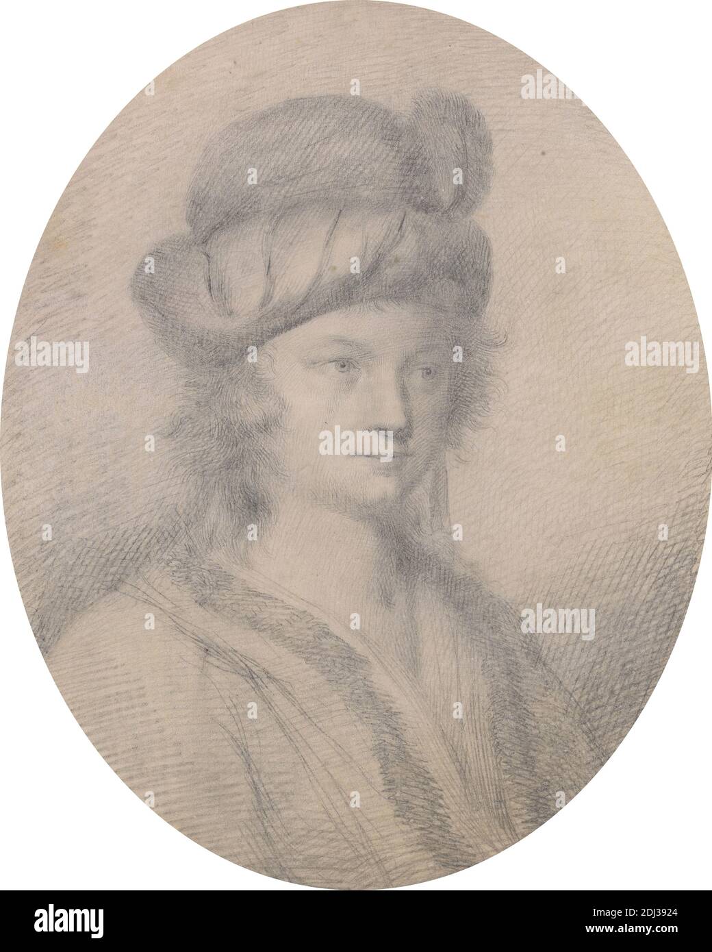 Young Man in a Feather Hat, Thomas Worlidge, 1700–1766, British, undated, Graphite on medium, smooth, cream wove paper, Sheet: 7 5/8 × 6 inches (19.4 × 15.2 cm), feathers, figure study, hat, man Stock Photo