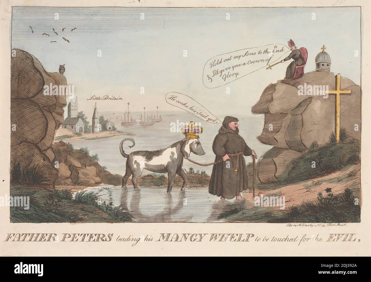 Father Peters Leading his Mangy Whelp to be Touched for the Evil, unknown artist, 1780, Etching, hand-colored, Sheet: 5 11/16 x 9 3/16in. (14.4 x 23.3cm Stock Photo