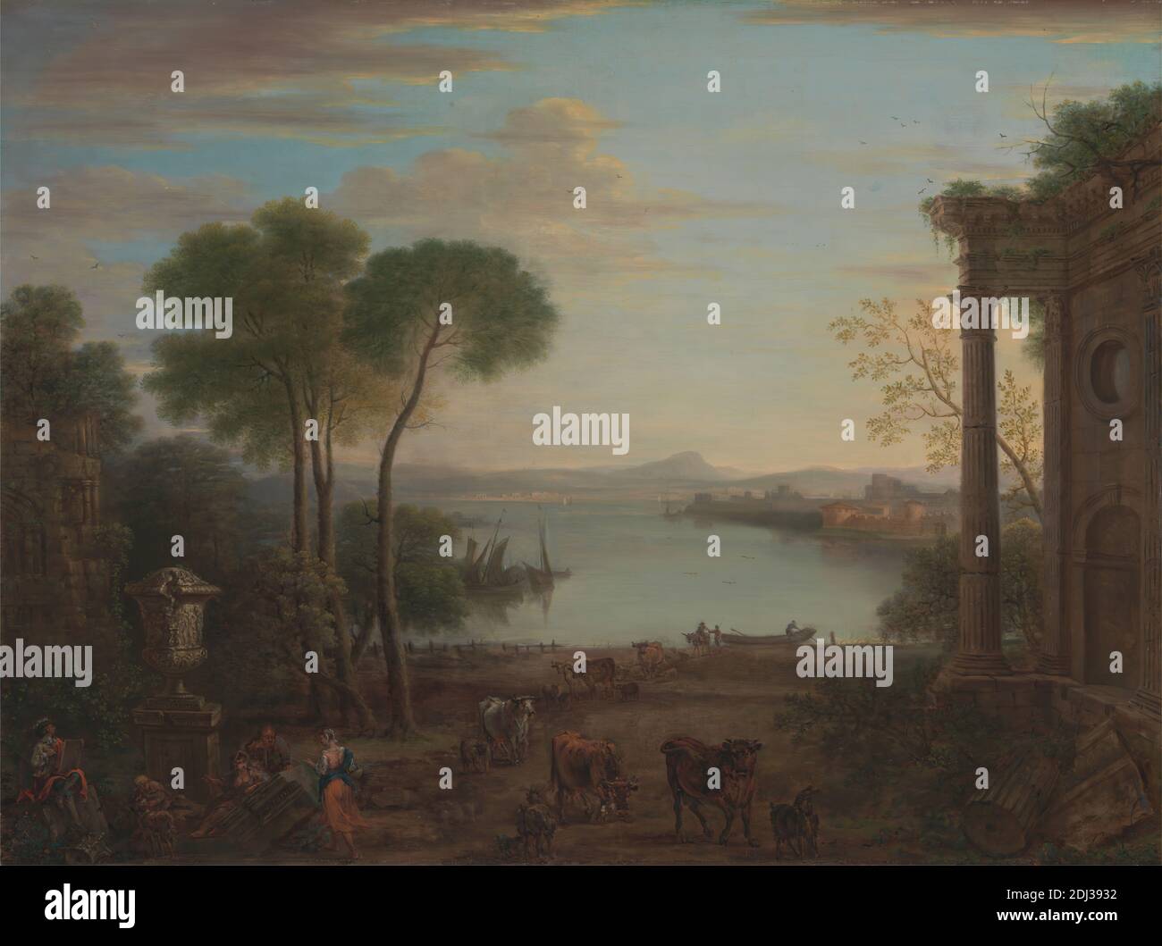Classical Landscape, John Wootton, 1682–1764, British, 1754, Oil on canvas, Support (PTG): 35 × 46 1/2 inches (88.9 × 118.1 cm), architectural subject, architecture, artist, boats, cattle, columns (architectural elements), costume, cows, landscape, men, mountains, river, ruins, urn, women Stock Photo