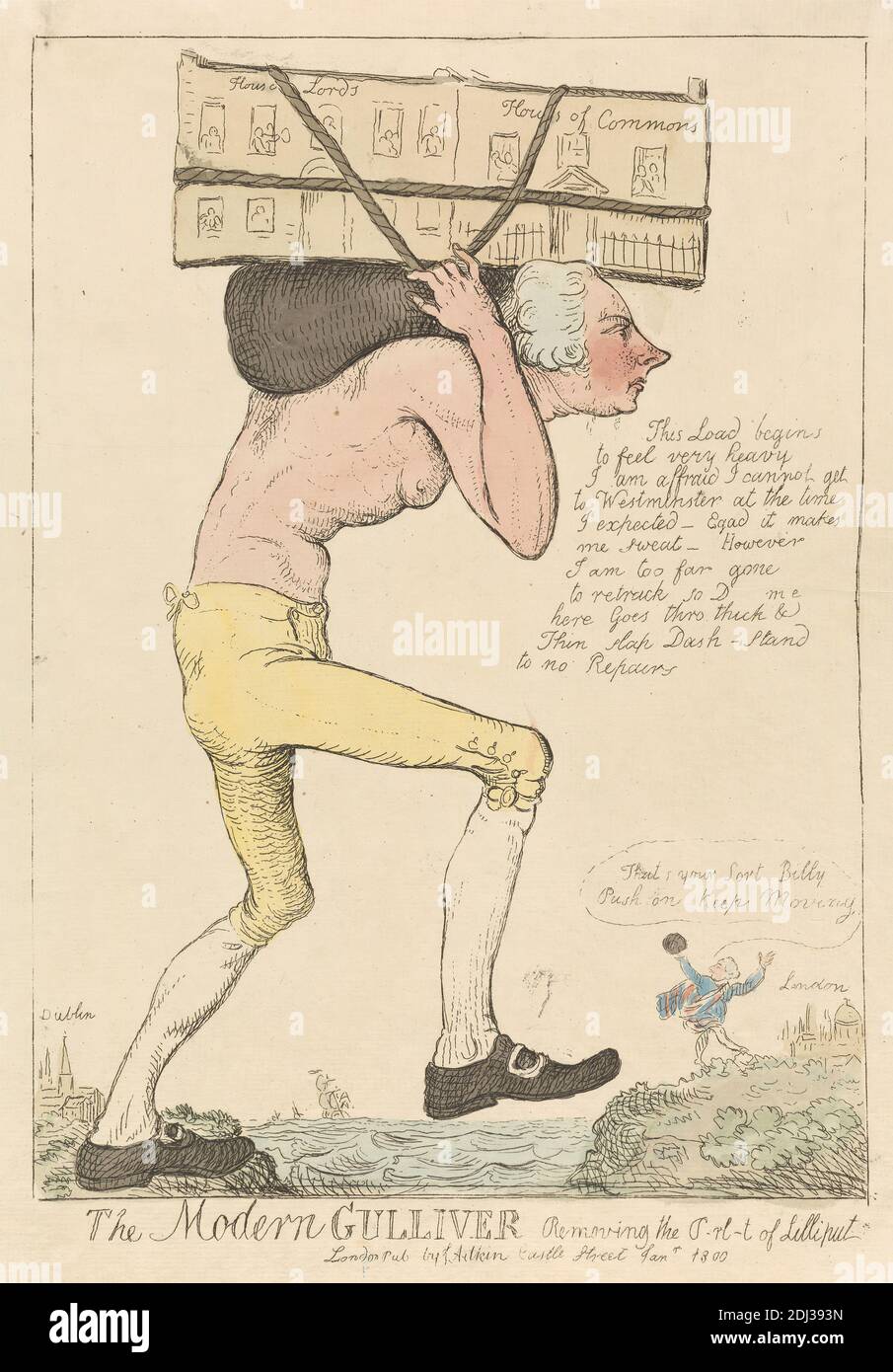The Modern Gulliver Removing the P(a)rl(iamen)t of Lilliput, Isaac Cruikshank, 1756–1810, British, 1800, Etching, hand-colored, Sheet: 12 3/8 x 8 7/8in. (31.4 x 22.5cm Stock Photo