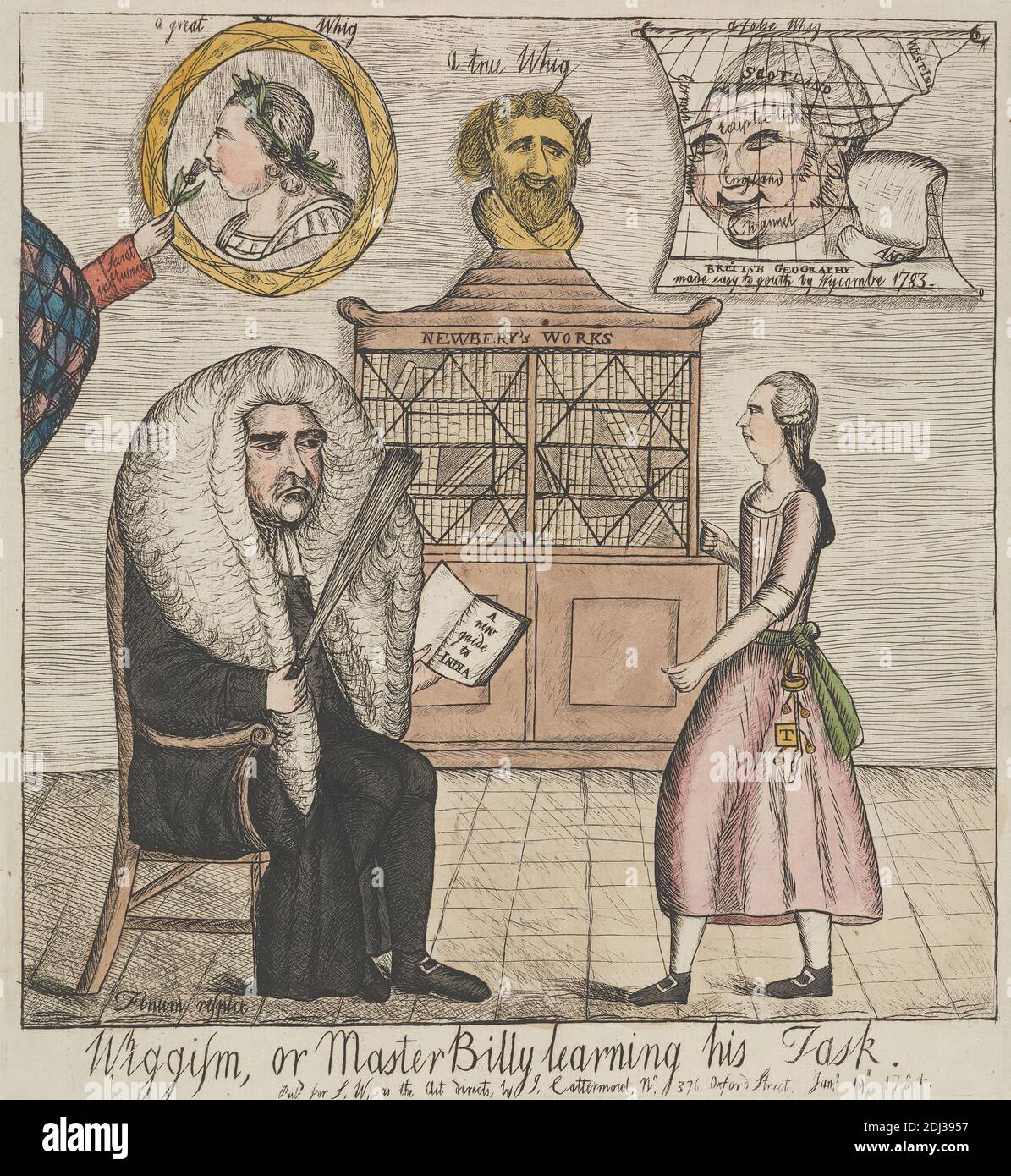 Whiggism, or Master Billy learning his Task, William Dent, active 1784–1793, 1784, Etching with hand color on laid paper, Sheet: 9 1/2 x 8 5/8in. (24.1 x 21.9cm Stock Photo